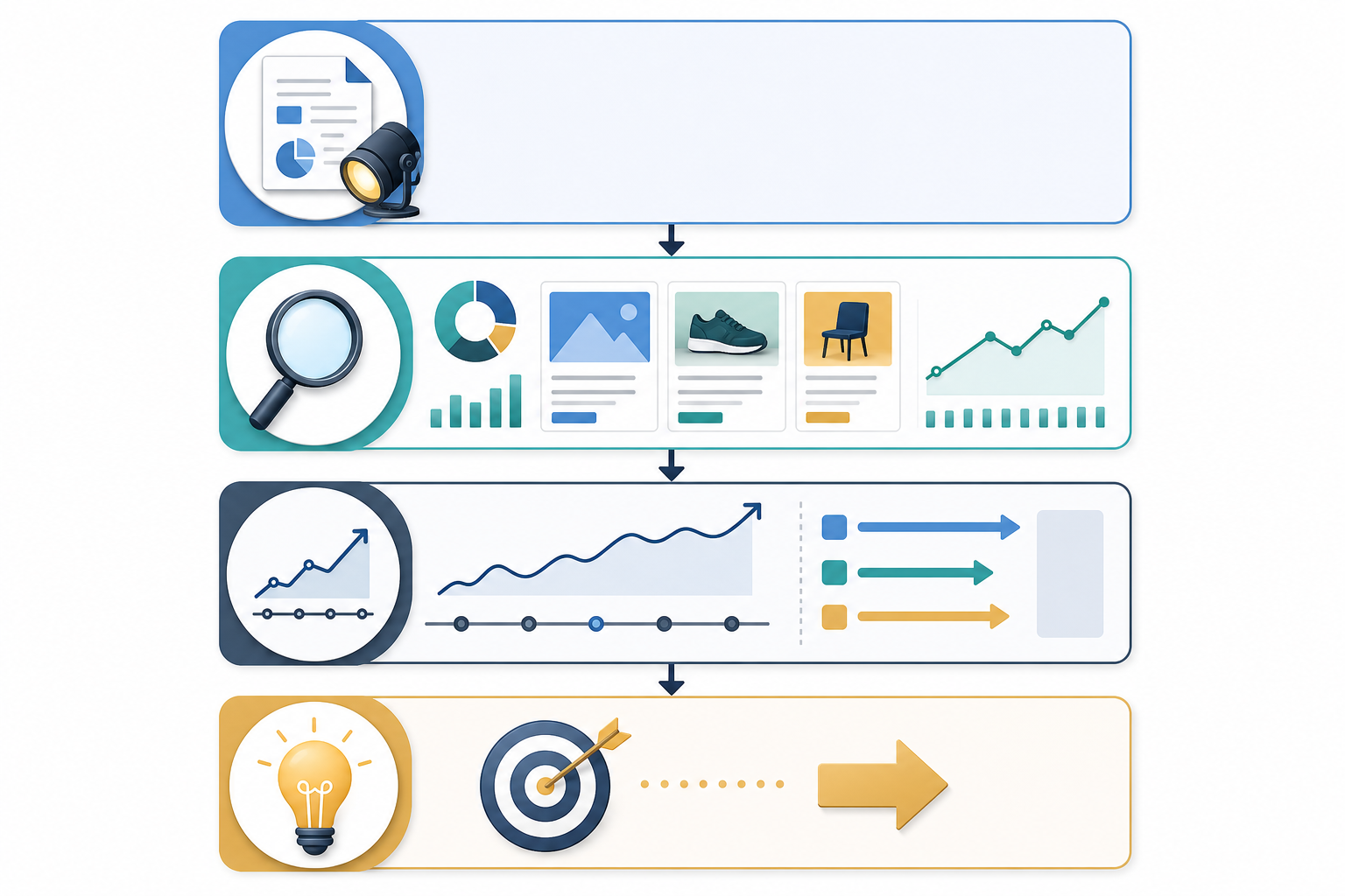Chart: A simple annotated diagram showing the ideal report structure top to bottom: executive summary, evidence section, trend context, recommendation—arranged like a flowchart with icons for each stage for Competitive Ad Reports That Build Client Trust and Retention