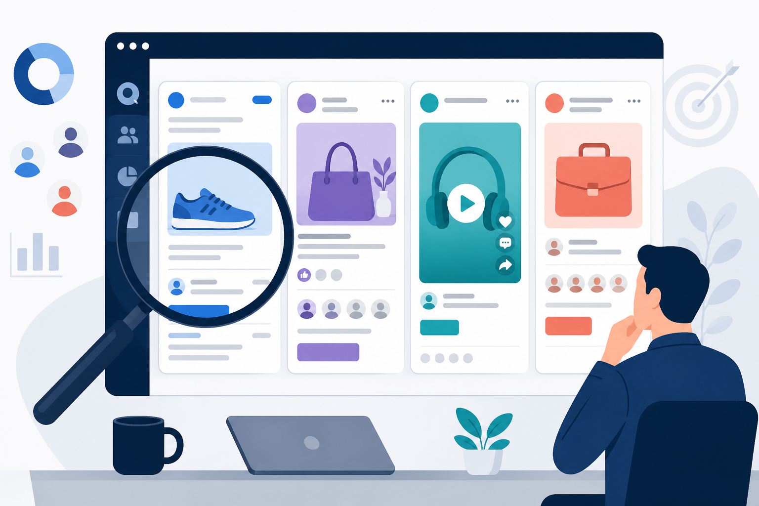 Illustration: A header graphic showing a magnifying glass over a grid of ad thumbnails from Meta, Google, TikTok, and LinkedIn, with the title text overlaid, illustrating the concept of analysing competitor ads for positioning clues for Competitive Positioning 101: What Competitor Ads Reveal