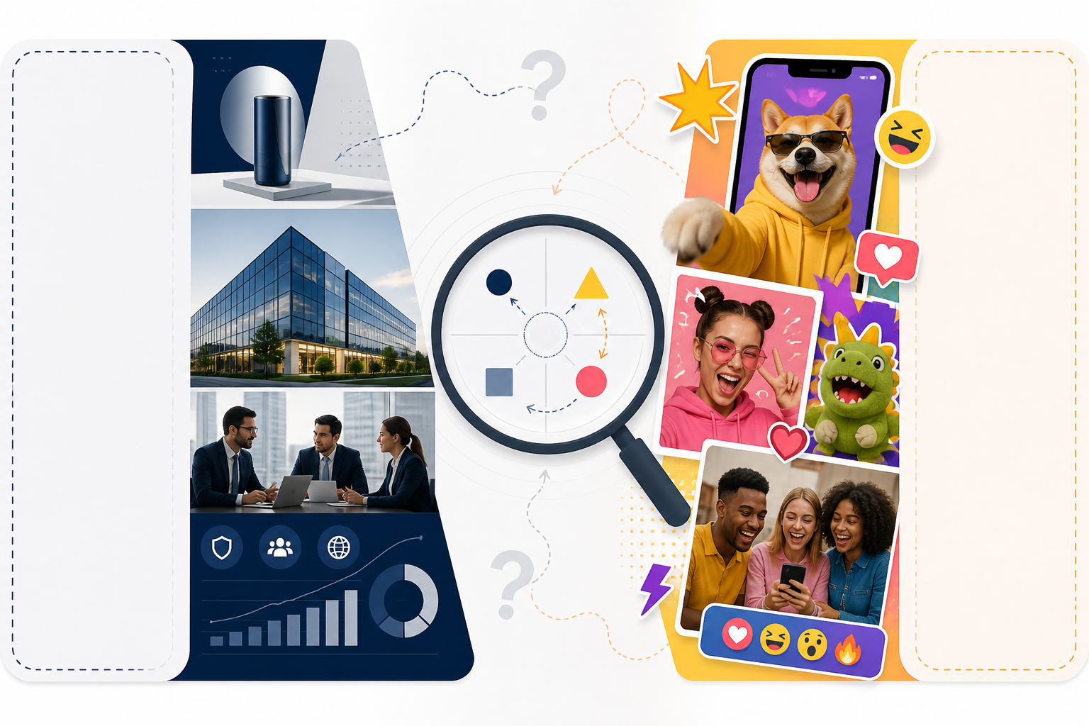 Illustration: A visual mood-board style graphic contrasting two ad creative styles—one polished and corporate, one playful and meme-style—with labels explaining what each may signal about brand strategy, and a note that these are hypotheses rather than firm rules for Competitive Positioning 101: What Competitor Ads Reveal