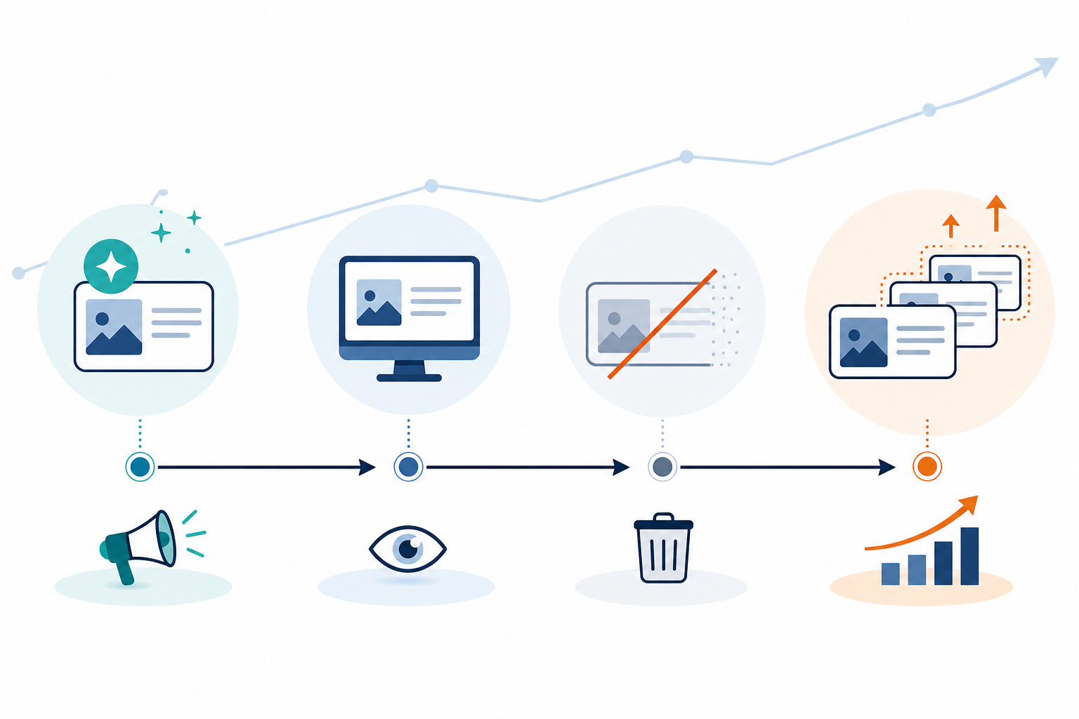 Infographic: A simple horizontal timeline showing four weeks of ad activity, with icons marking 'new ad appears', 'old ad still running', 'old ad stops', 'new ad scales'—clean infographic style with a subtle upward trend line for Competitor Positioning 101: What Their Ads Really Reveal
