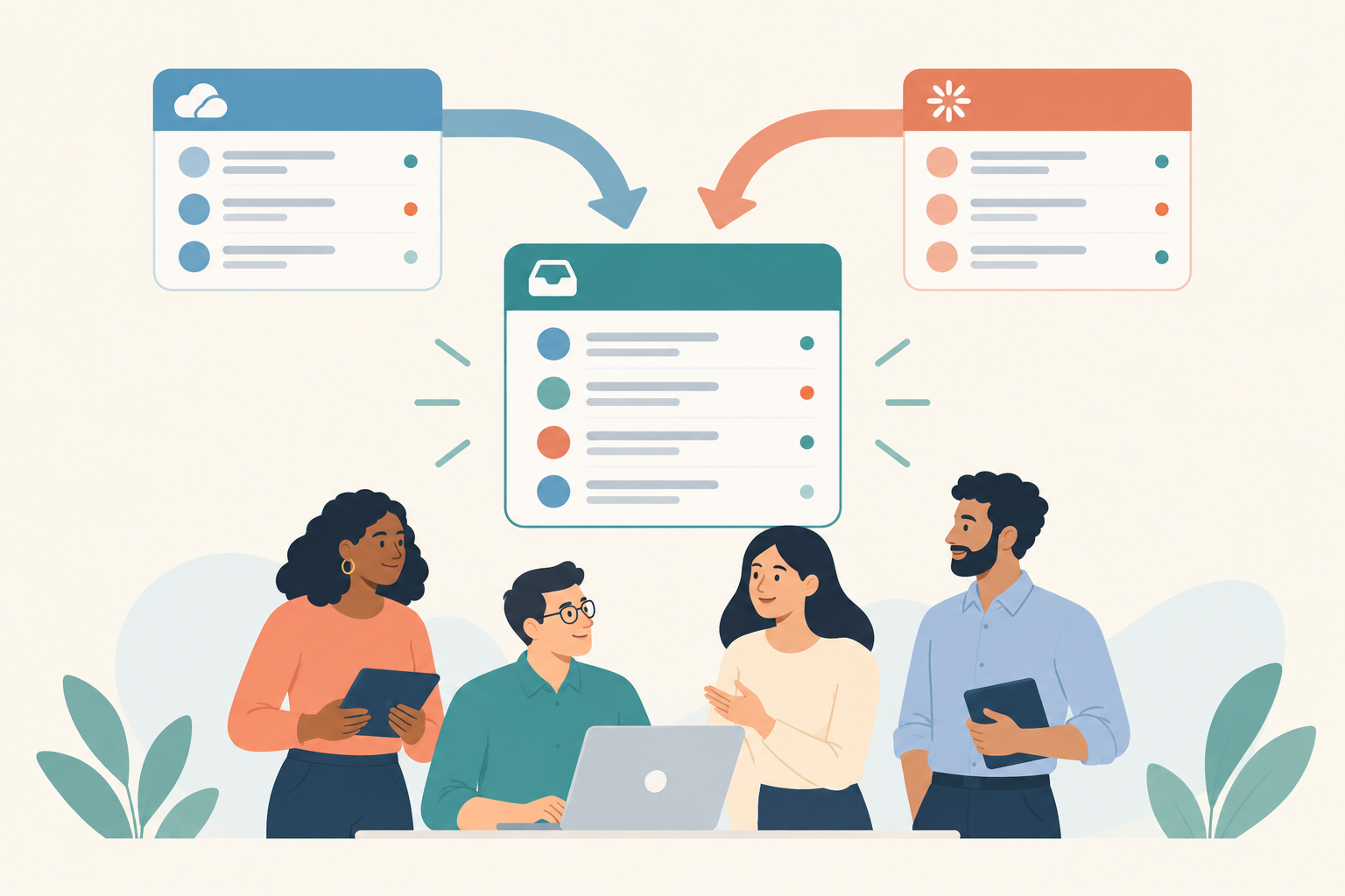 Illustration: A welcoming header illustration of two separate support inboxes from two brands merging into one shared inbox, with a small team of agents gathered around it, flat design with a soft, friendly colour palette for Consolidating Support Tools When Merging or Acquiring Brands