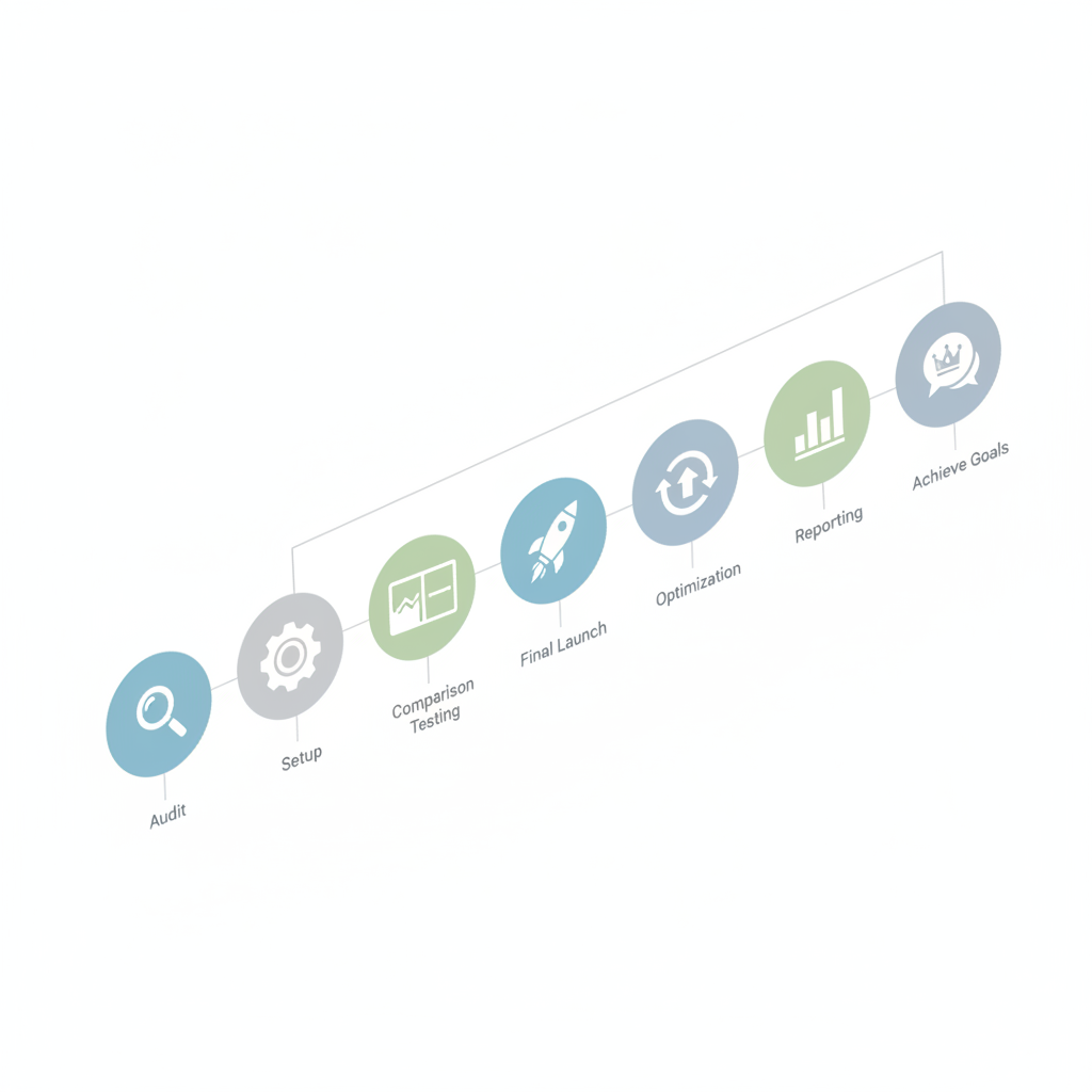 Infographic: A clean timeline infographic showing 8 weeks of implementation phases, starting from audit through full rollout, with simple icons representing each phase like magnifying glass for audit, gear for setup, parallel lines for comparison testing, and rocket for launch for Content Automation for Agencies: A Client Case Study