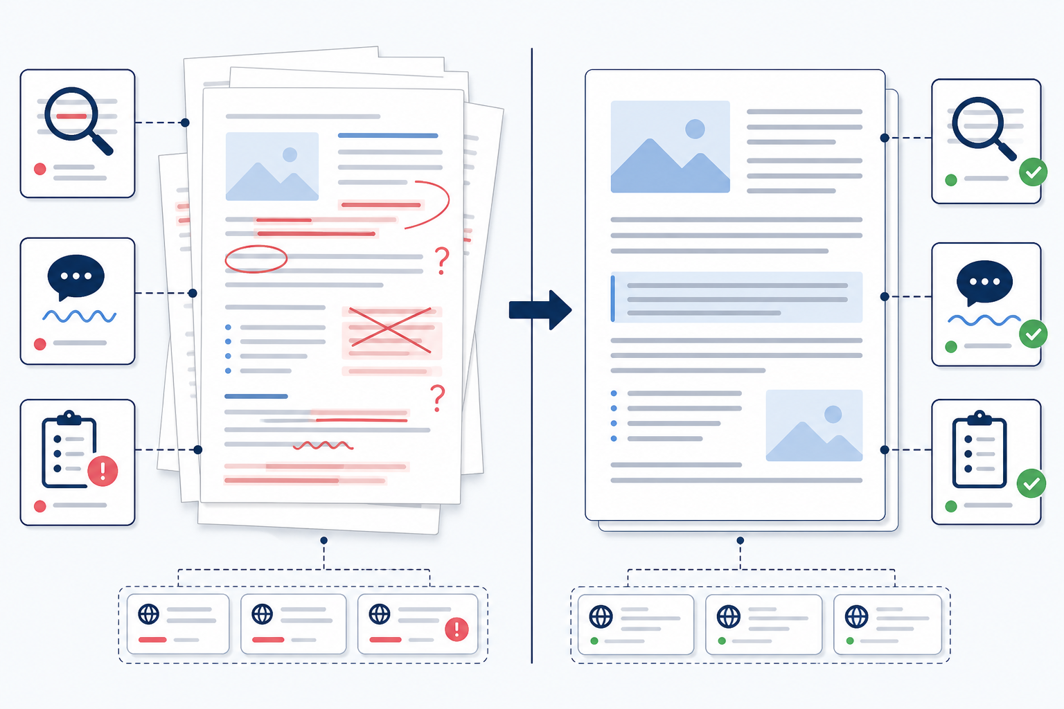 Diagram: A split-screen diagram showing a raw AI-generated draft on one side with red annotation marks for fact-checking, tone, and citations, and a polished, human-edited blog post on the other side, clean flat design, minimal colour palette for Content Marketing Without Hiring a Writer: A Guide
