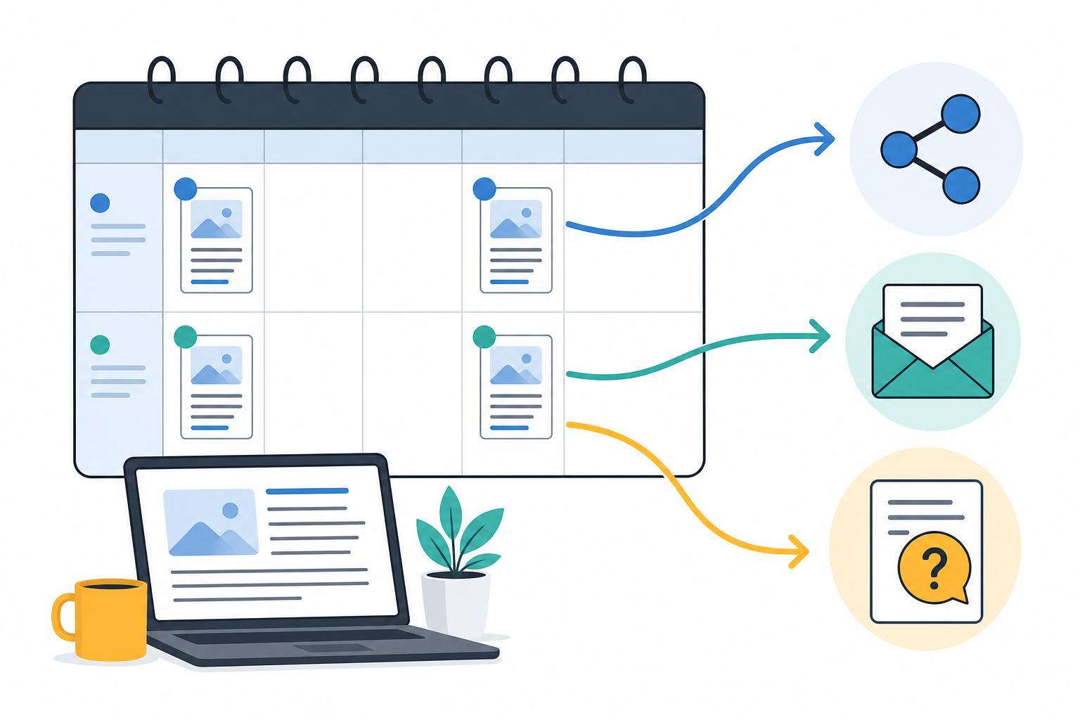 Illustration: A simple visual content calendar showing biweekly blog post slots with repurposing arrows pointing to social media, email, and FAQ icons, clean flat design, minimal colour palette for Content Marketing Without Hiring a Writer: A Guide