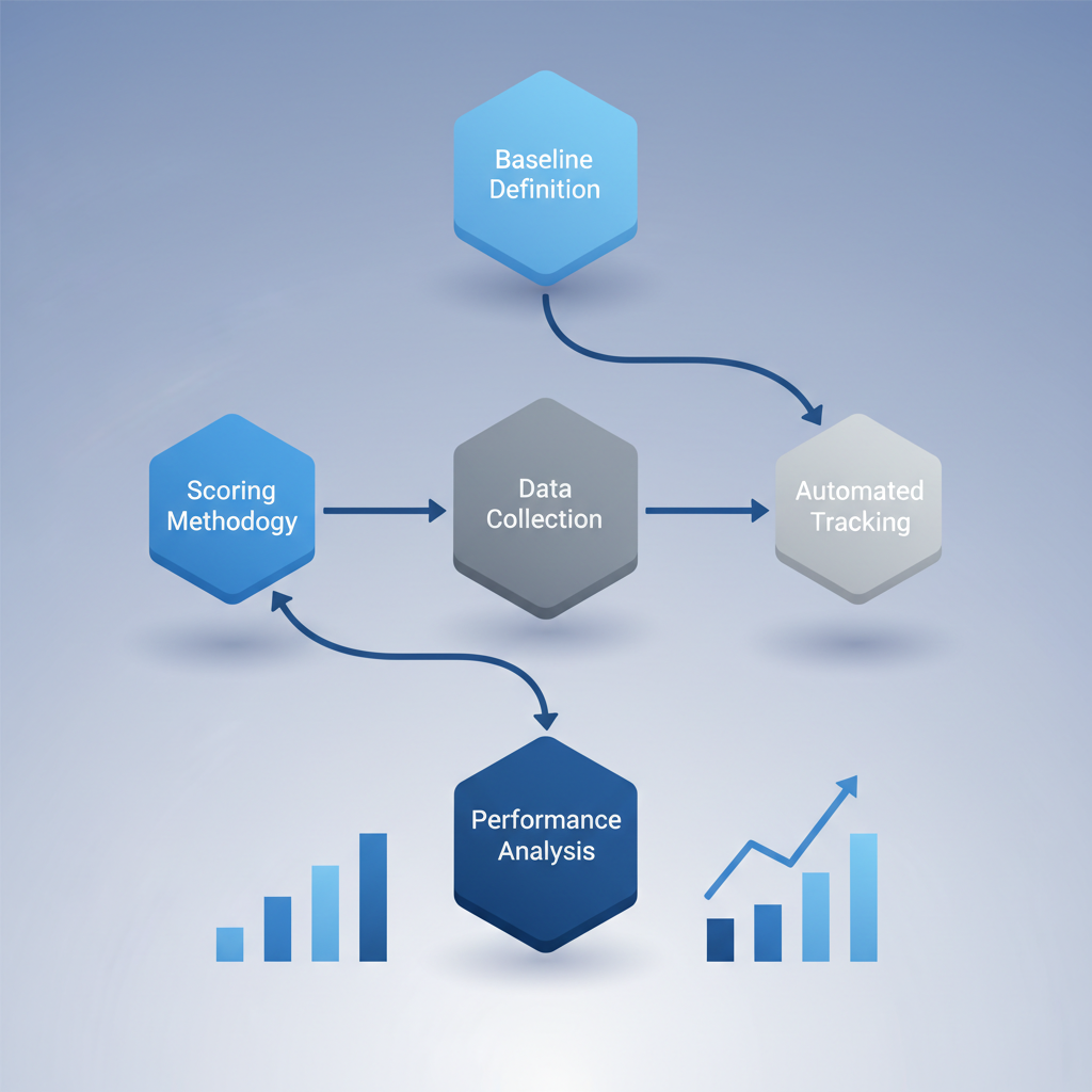 Chart: A flowchart showing the process of implementing quality scoring across multiple clients, from baseline definition through automated tracking, professional diagram style for Content Quality Metrics That Actually Drive Results