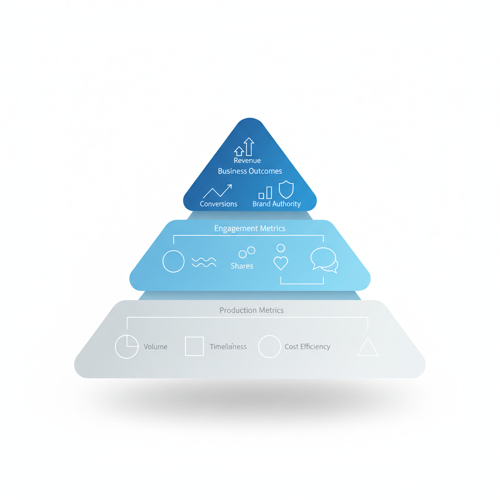 Diagram: A hierarchical diagram showing content quality metrics pyramid with business outcomes at top, engagement metrics in middle, and production metrics at base, clean infographic style for Content Quality Metrics That Actually Drive Results
