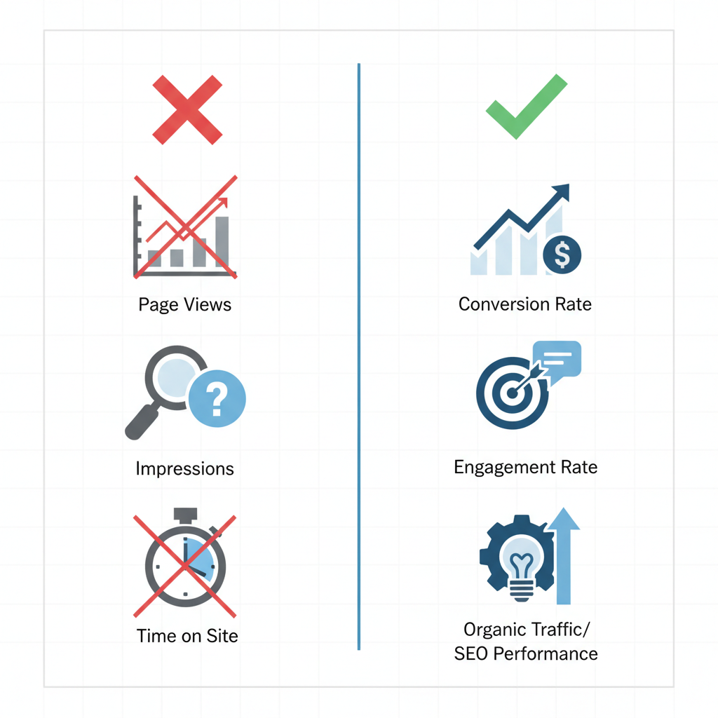Infographic: A comparison table visual showing wrong metrics vs right metrics side by side with clear X and checkmark indicators, clean professional infographic design for Content Quality Metrics That Actually Drive Results