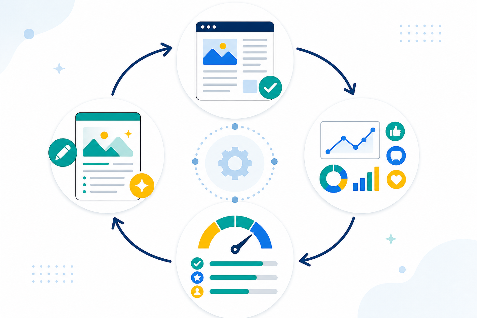 Diagram: A simple flow diagram showing the feedback loop: published article, performance data, quality scoring, refined content output for Content Quality Metrics That Actually Matter for Agencies