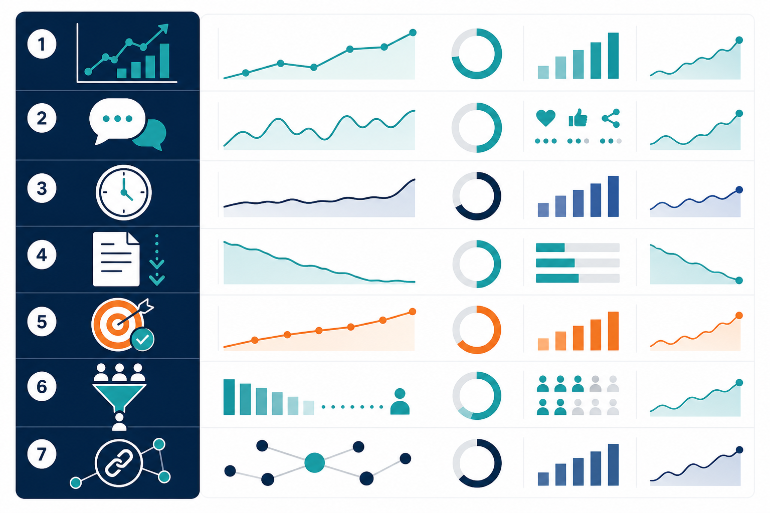 Chart: An infographic-style chart listing seven key content quality metrics with simple icons for traffic, engagement, conversions, and backlinks for Content Quality Metrics That Actually Matter for Agencies