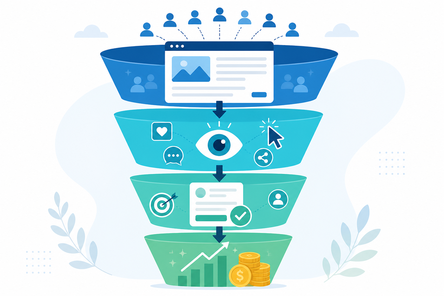 Diagram: Diagram showing a funnel from blog post traffic through engagement to conversions and revenue, with arrows connecting each stage for Content Quality Metrics That Actually Matter for Marketers
