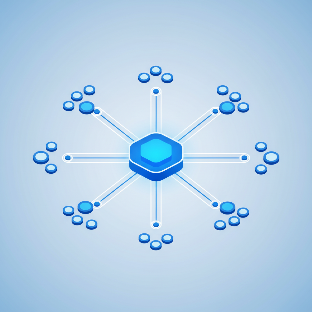 Diagram: A sophisticated visual diagram showing interconnected content nodes forming a web pattern, with a central hub connecting to multiple smaller nodes, representing content cluster architecture, clean modern design with blue and white color scheme for Creating Content Clusters That Dominate Search Results