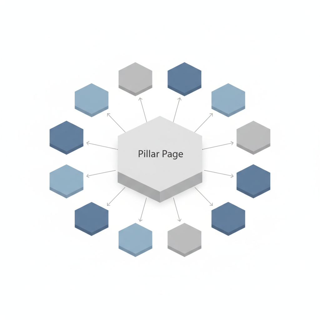 Diagram: Simple diagram showing pillar page in center connected by lines to 8-10 surrounding cluster content pages, with arrows indicating link flow, clean infographic style for Creating Content Clusters That Dominate Search Results
