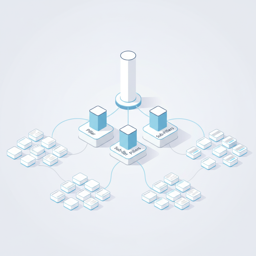 Infographic: Hierarchical content structure visualization showing pillar at top, sub-pillars below, cluster content at bottom, with internal links represented as connecting lines, professional marketing infographic for Creating Content Clusters That Dominate Search Results