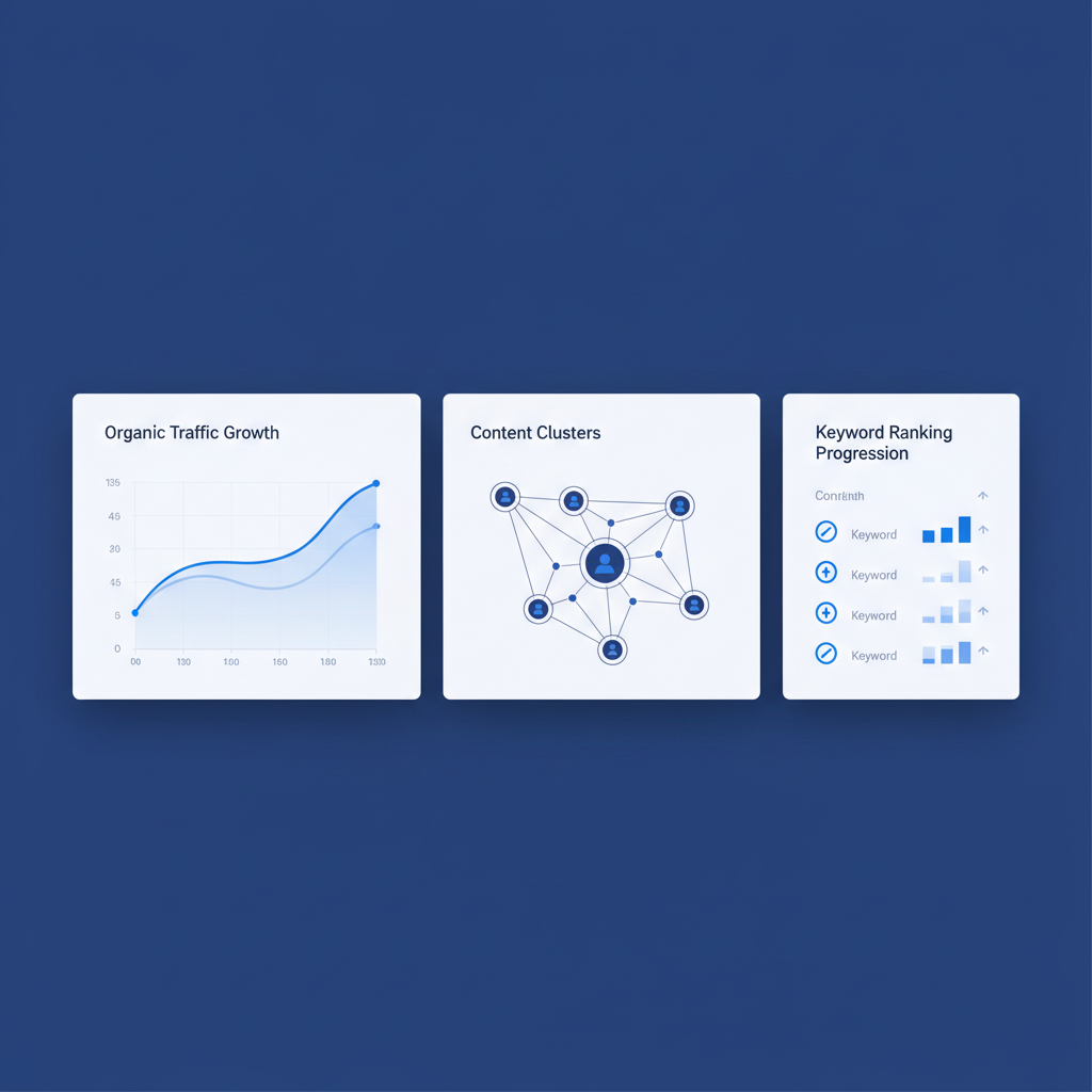 Chart: Dashboard-style visualization showing key content cluster metrics: organic traffic growth chart, keyword ranking improvements, internal link flow metrics, clean analytics interface design for Creating Content Clusters That Dominate Search Results