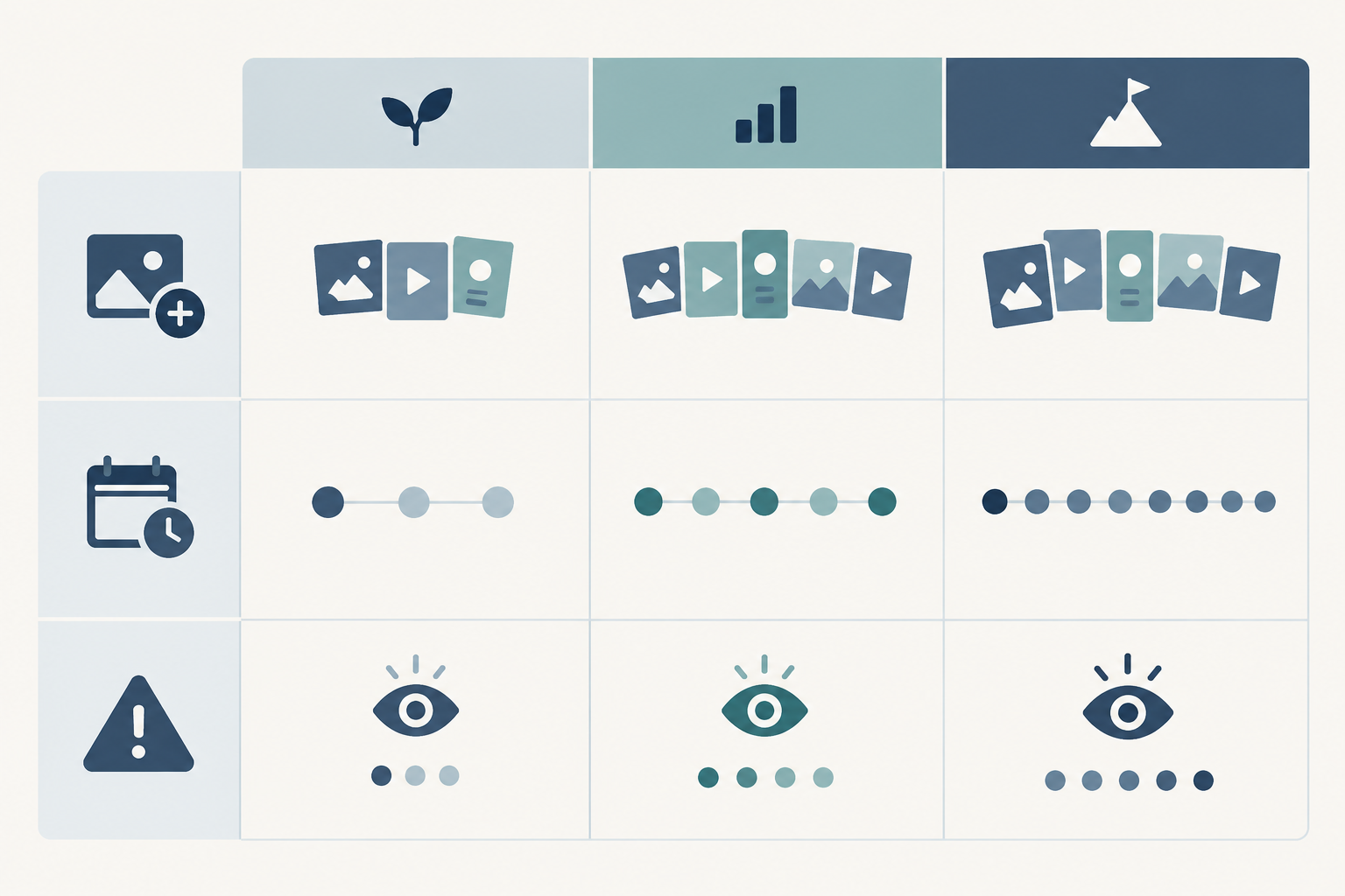 Comparison: Comparison table graphic with three columns (Small spend, Mid-scale, High spend) and rows for suggested new creatives per cycle, testing cadence, and key fatigue signals to watch; clean, readable layout with brand-neutral colours for Creative Testing 101: What Competitor Ad Libraries Teach Us