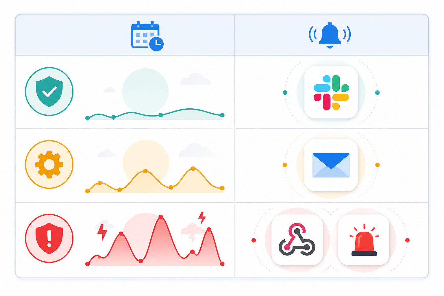 Comparison: A clean comparison table graphic showing three rows of job priority levels (low, medium, high) mapped to recommended alert channels like Slack, email, and webhook escalation for Cron Job Alerting: Setting Up Dead Man's Switches the Right Way