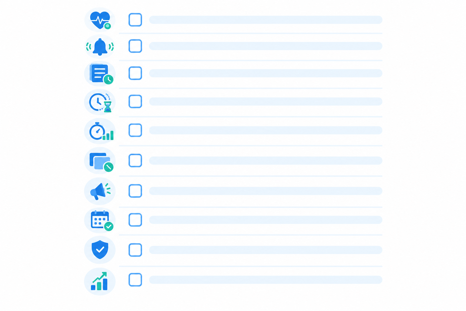 Infographic: Printable-style infographic checklist titled 'Cron Job Monitoring Checklist' with ten tick-box items covering heartbeat monitors, failure pings, logging, grace periods, duration tracking, overlap protection, alert channels and quarterly alert testing. Friendly rounded icons, blue and teal colour scheme. for Cron Job Monitoring Best Practices to Avoid Silent Failures