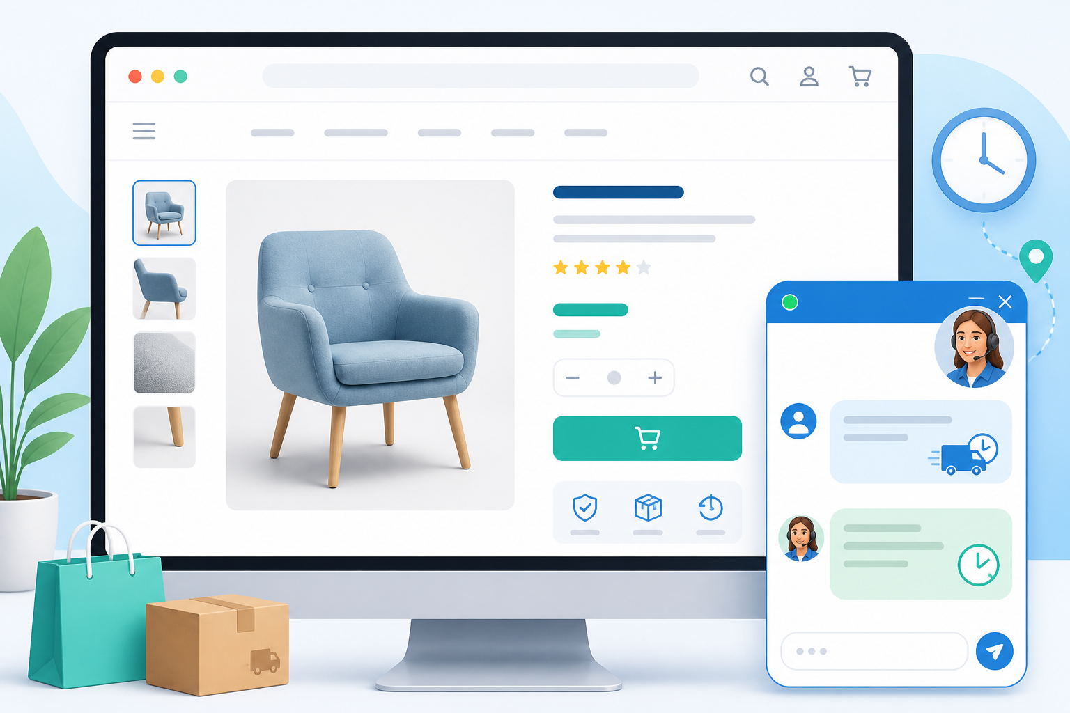 Illustration: A clean mockup of an e-commerce product page with a friendly live chat widget open in the bottom corner, showing a quick customer question about shipping times and a fast reply for Customer Support Best Practices for Small E-commerce Teams