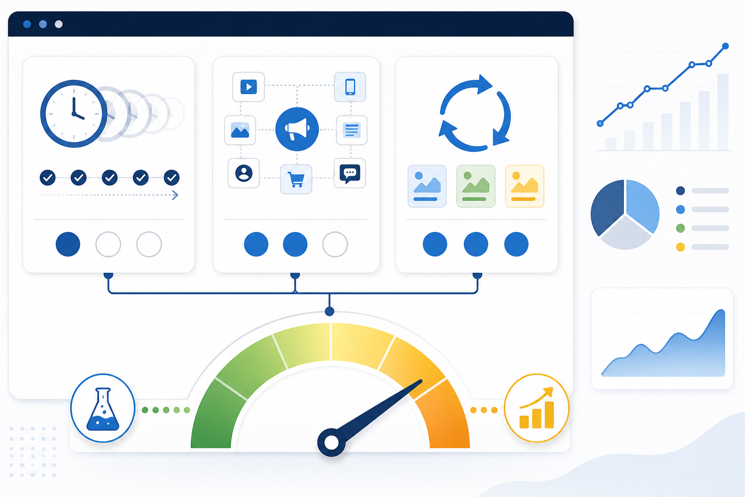 Infographic: A scorecard-style infographic showing three criteria (duration, placement breadth, iteration) each scored 1-3, summing to a total confidence score gauge ranging from 'early test' to 'scaling budget', clean modern UI style matching a marketing dashboard for Decoding Ad Frequency: What It Reveals About Ad Budgets