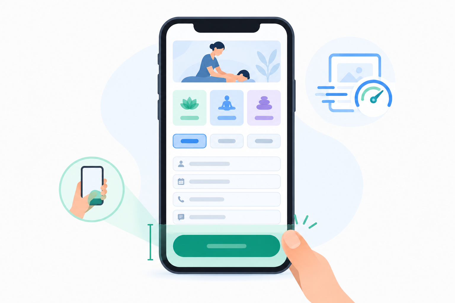 Infographic: Infographic showing a thumb-friendly mobile layout zone map with big tap targets, sticky Book now button, and short form fields, plus a note on light page loading for mobile data for Design a Booking Page That Actually Converts Clients