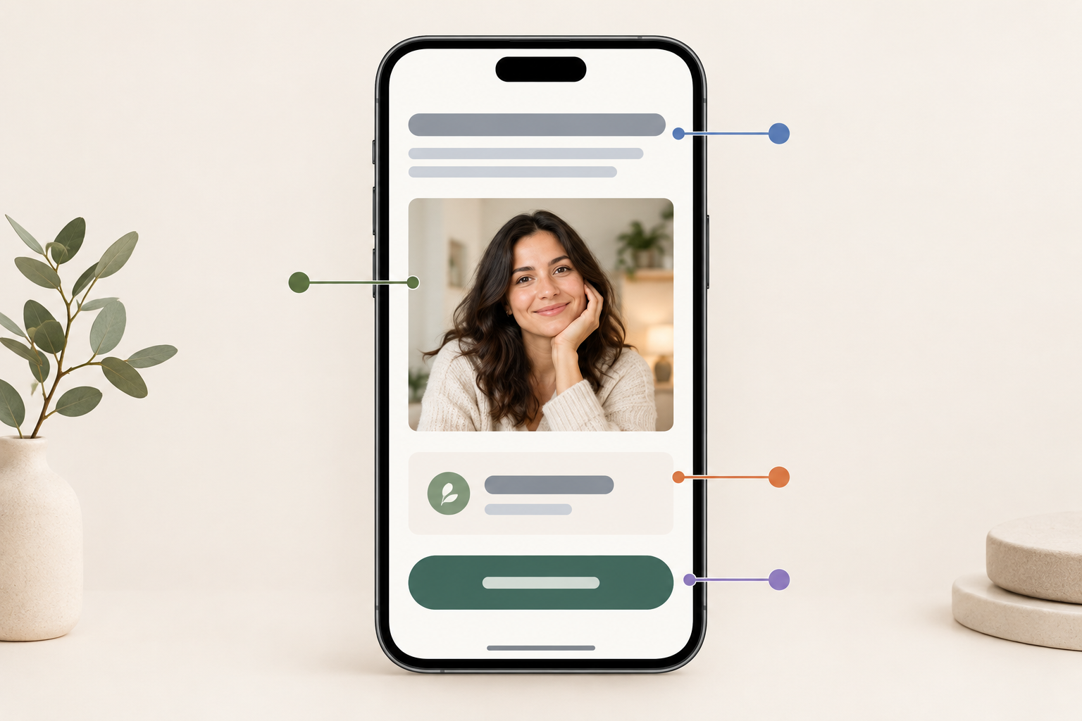 Illustration: Annotated phone mockup of a booking page with callouts for headline, real photo, price, and a single Book button above the fold, minimal modern style for Design a Booking Page That Actually Converts Clients