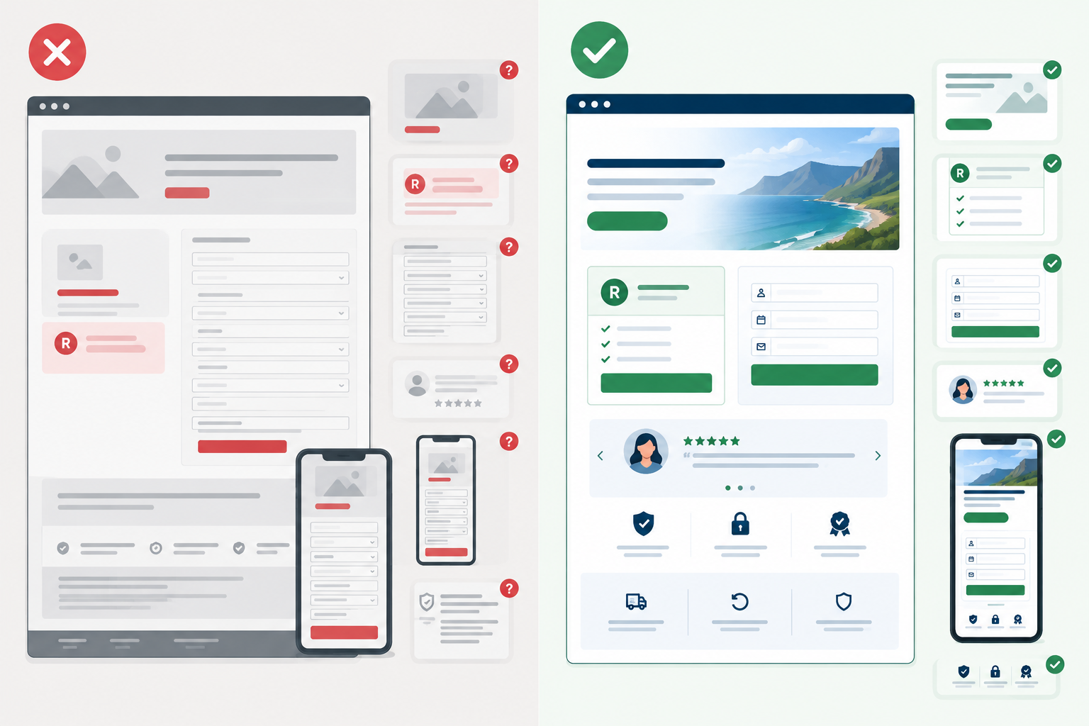 Comparison: Two-column comparison table: 'Page that loses clients' versus 'Page that books clients' covering headline, pricing in rand, form length, proof, mobile and policies for Design a Booking Page That Actually Converts Clients
