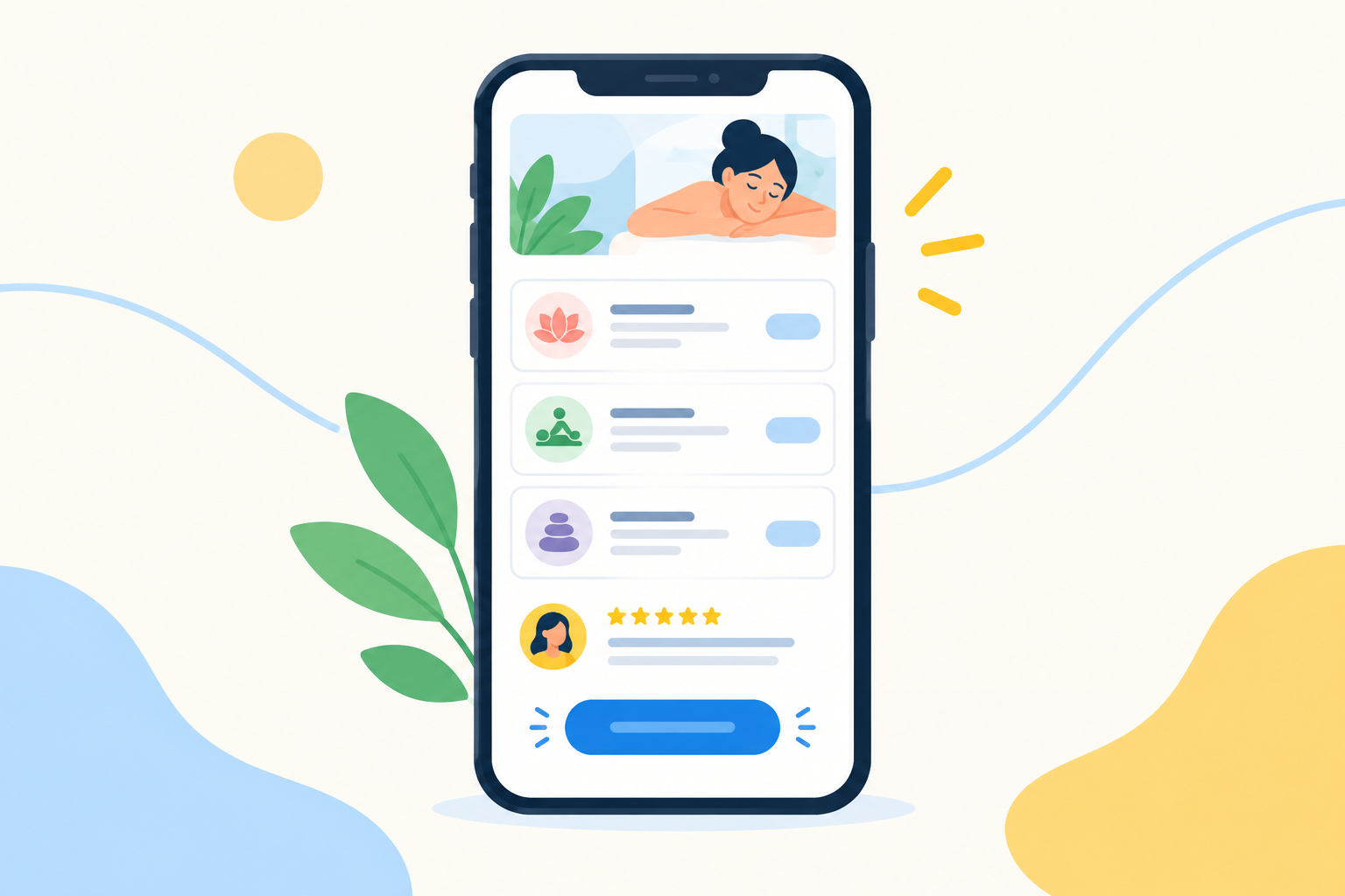 Illustration: Header illustration of a smartphone showing a clean booking page with a service list, rand prices, a review snippet and a single Book button, bright flat style for Design a Booking Page That Actually Converts Clients