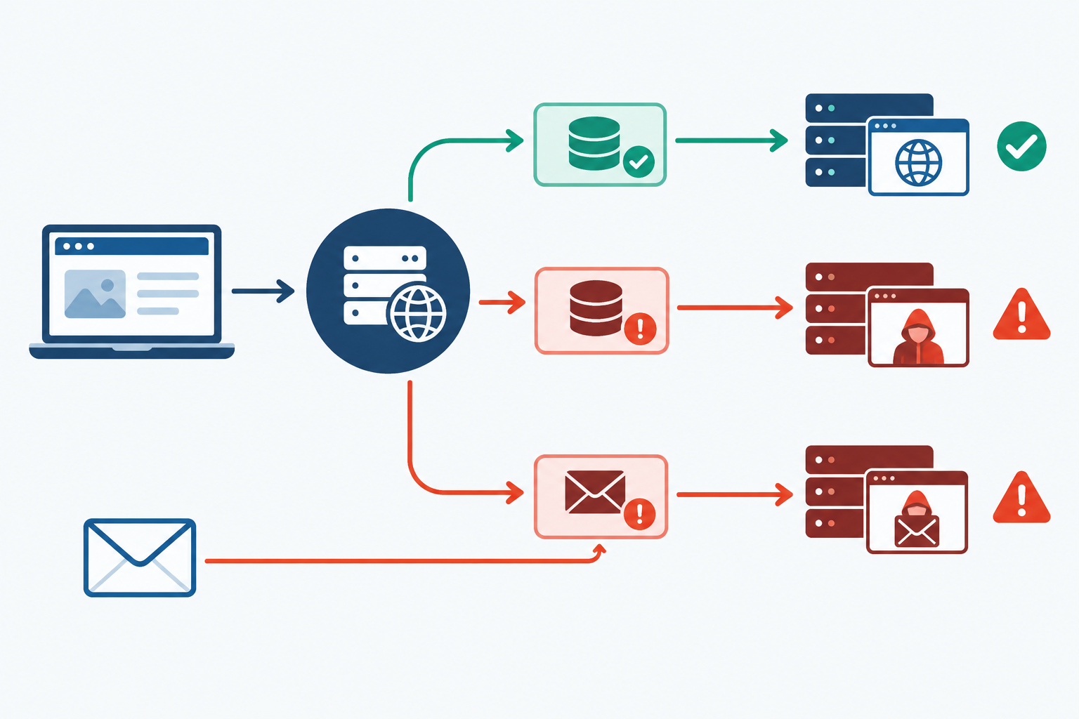 Diagram: Diagram showing a visitor's browser, a DNS lookup step, and two server destinations: the correct server and a wrong server. An arrow labelled with a changed A record redirects traffic to the wrong server, with a second branch showing email diverted via a tampered MX record. Clean flat style, labelled arrows, light background. for DNS Monitoring 101: Catch Unauthorized Record Changes Early