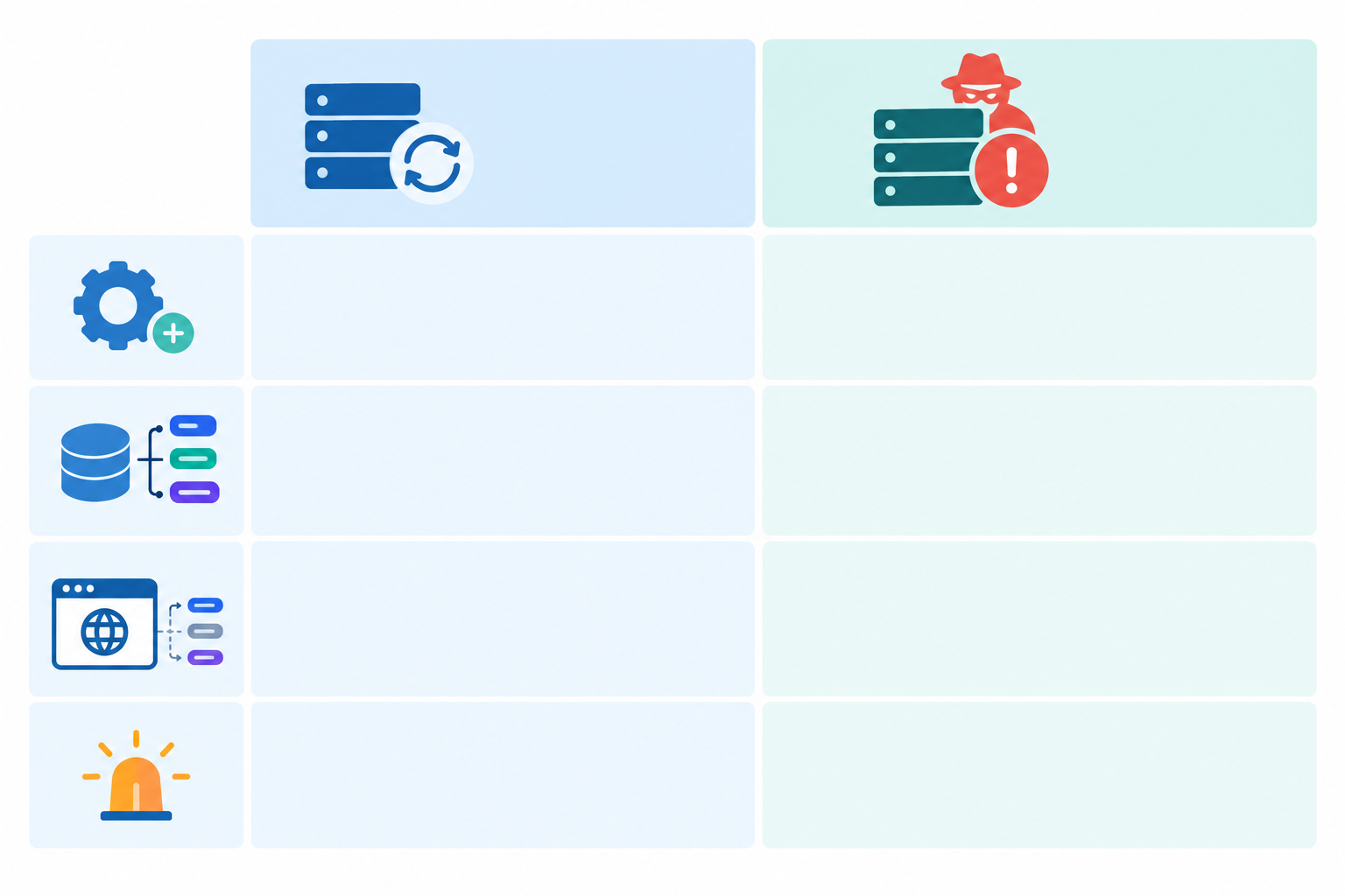 Comparison: Two-column comparison table titled 'Honest mistake vs malicious change' with rows for typical cause, commonly affected record, how it shows up and urgency of response. Clean, minimal design with readable text. for DNS Monitoring 101: Catch Unauthorized Record Changes Early