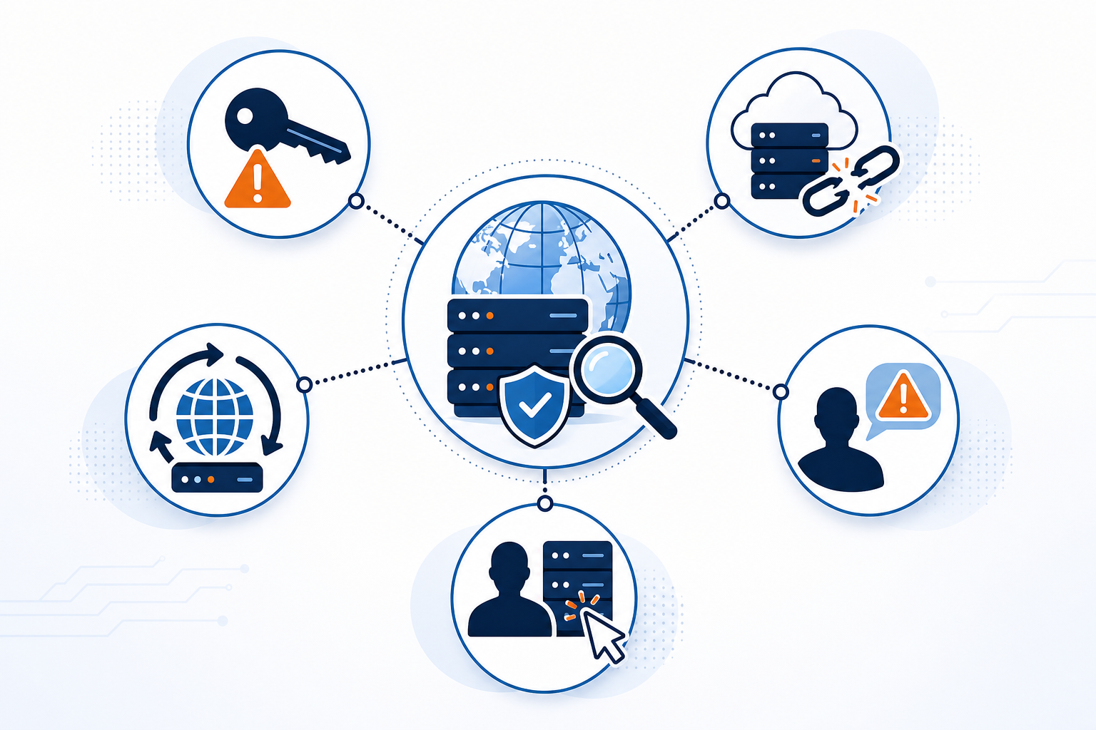 Diagram: Simple diagram showing five DNS attack vectors branching from a central domain icon - compromised credentials, dangling records, resolver manipulation, social engineering, insider changes - flat icon style, blue and orange accents for DNS Monitoring 101: Catching Unauthorized Record Changes Early