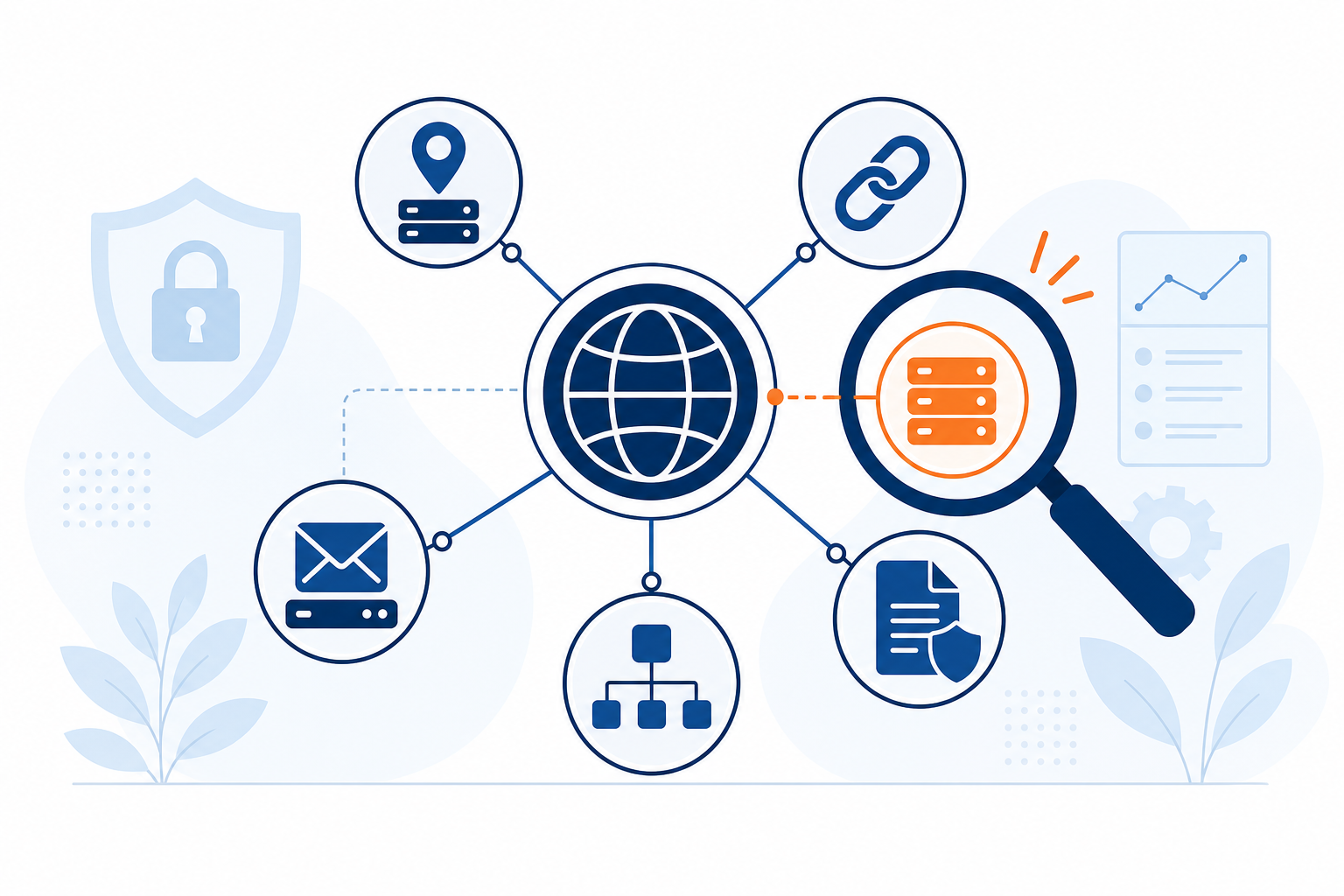 Illustration: Header graphic showing a domain icon connected to DNS record types (A, CNAME, MX, NS, TXT) with a magnifying glass highlighting a flagged change, flat icon style, blue and orange accents for DNS Monitoring 101: Catching Unauthorized Record Changes Early