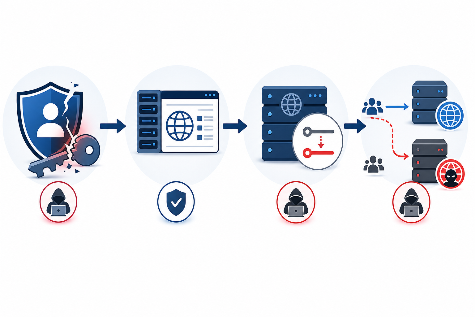 Chart: Flowchart illustrating how attackers move from credential compromise to DNS record change to traffic redirection for DNS Monitoring 101: Catching Unauthorized Record Changes
