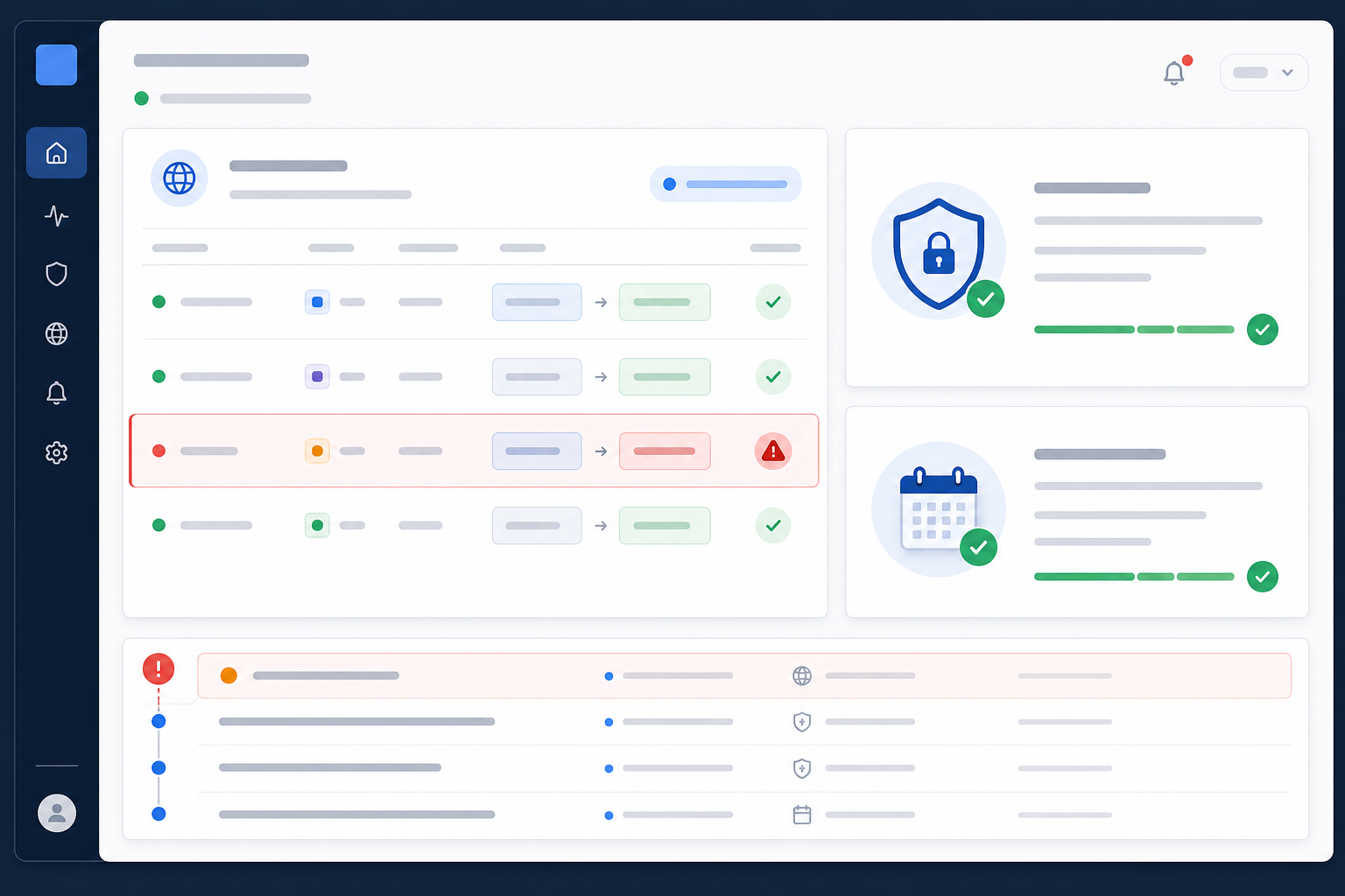 Illustration: style mockup of a dashboard showing DNS record monitors alongside SSL and domain expiration monitors for DNS Monitoring 101: Catching Unauthorized Record Changes