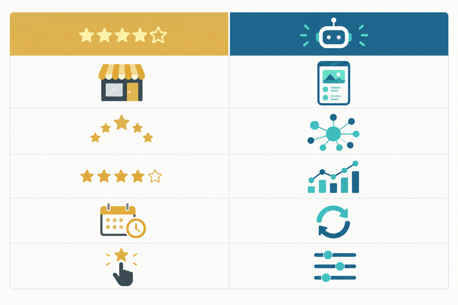 Comparison: Clean comparison table with two columns, Star Ratings and AI Recommendations, and rows for where customers see it, what influences it, how it is measured, speed of change and level of control for Do AI Recommendations Matter More Than Star Ratings Now?