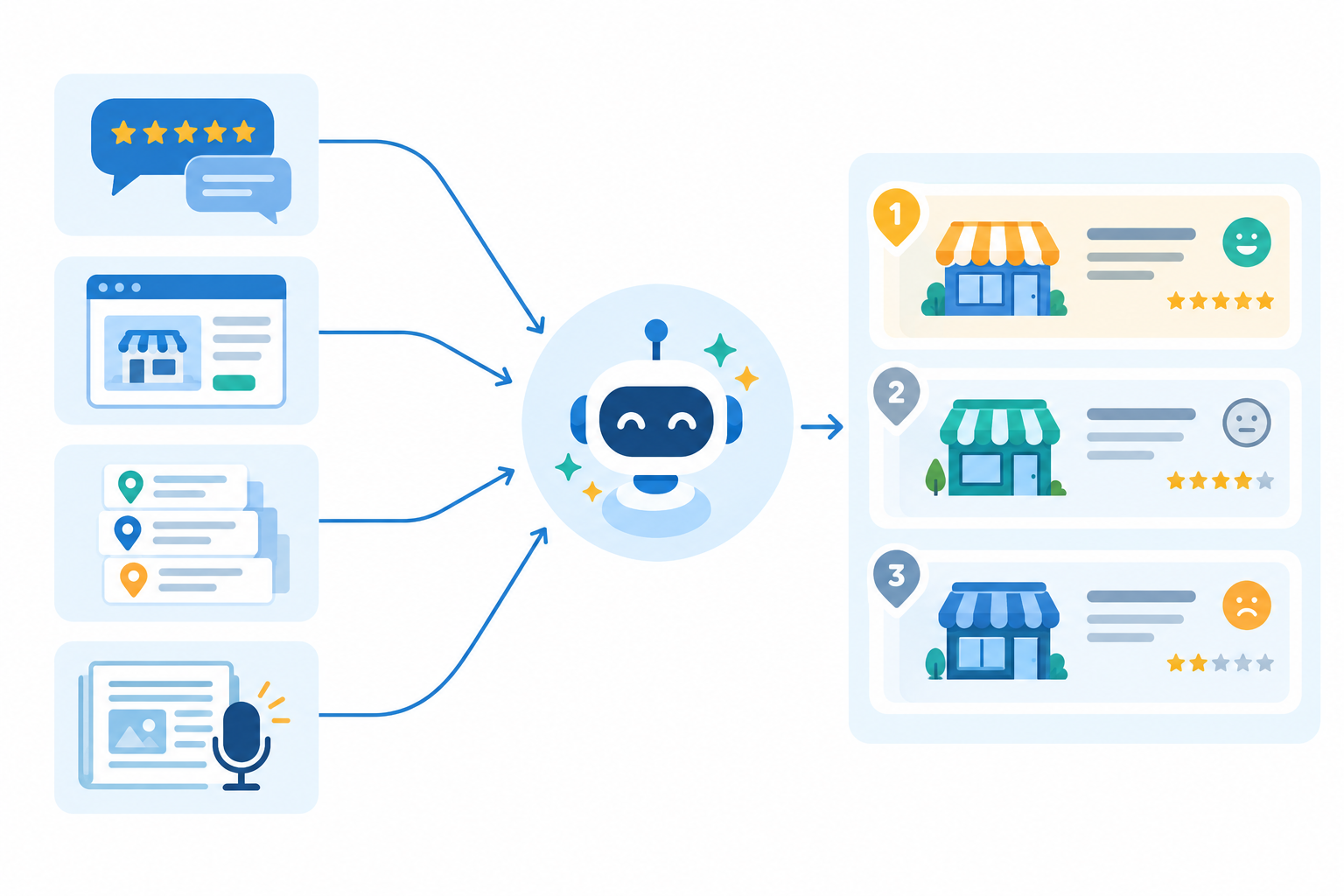 Diagram: Flow diagram showing inputs (reviews, website content, directories, press mentions) feeding into an AI assistant, which outputs a short list of recommended local businesses, with sentiment and citation position labelled for Do AI Recommendations Matter More Than Star Ratings Now?