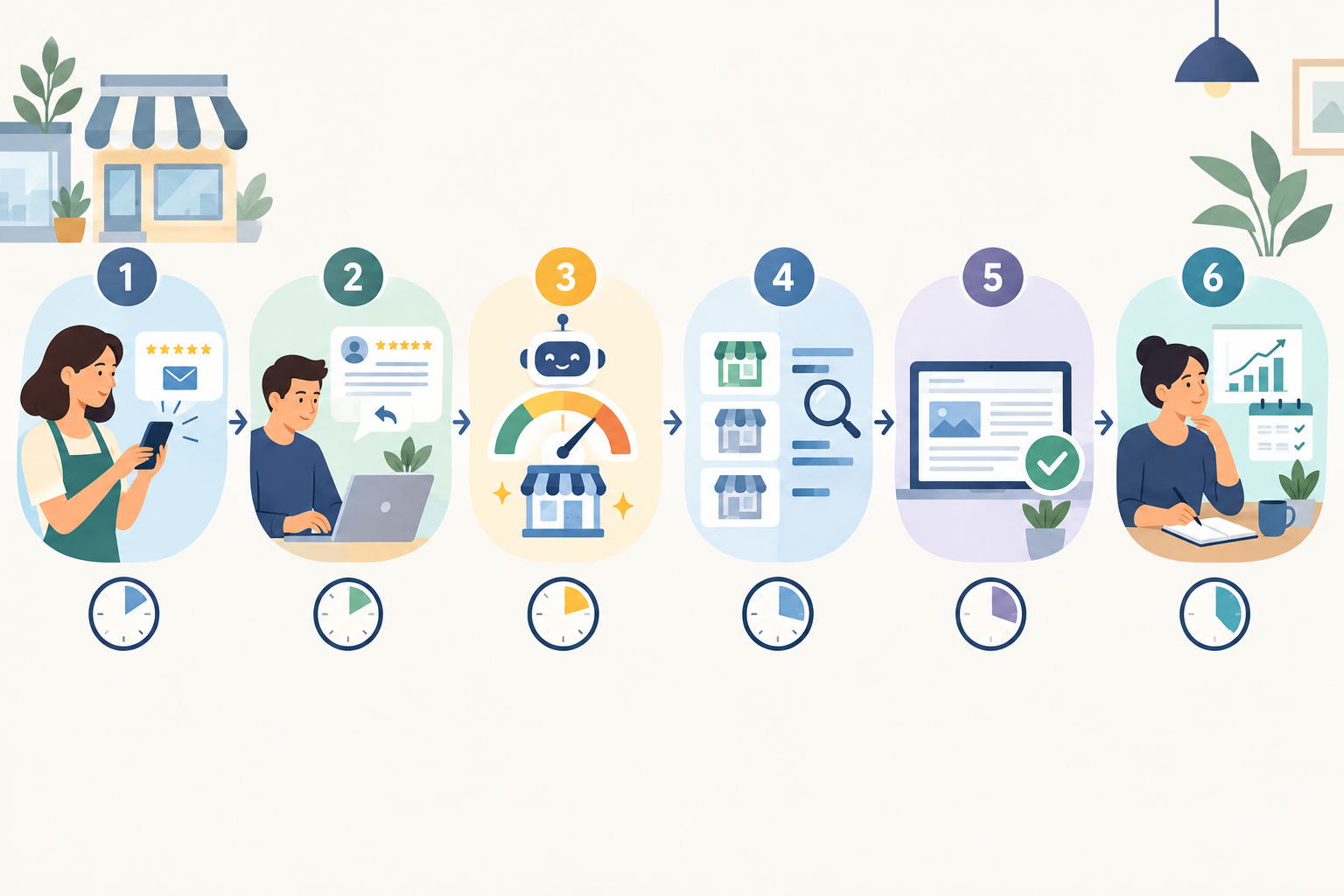 Infographic: Infographic of a six-step weekly routine for small business owners combining review requests, review replies, AI visibility score checks, competitor tracking and a website legibility audit, with approximate minutes per task for Do AI Recommendations Matter More Than Star Ratings Now?