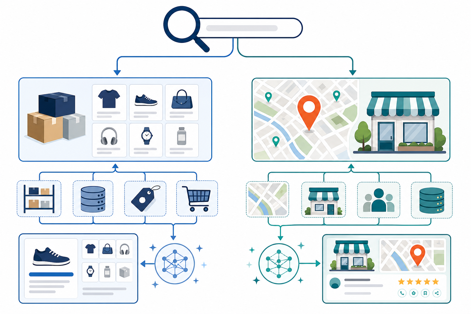 Diagram: A simple diagram showing a search query branching into two paths: general product query versus local intent query, with different data sources feeding each path for Do Local Businesses Show Up Differently on Each AI Tool?