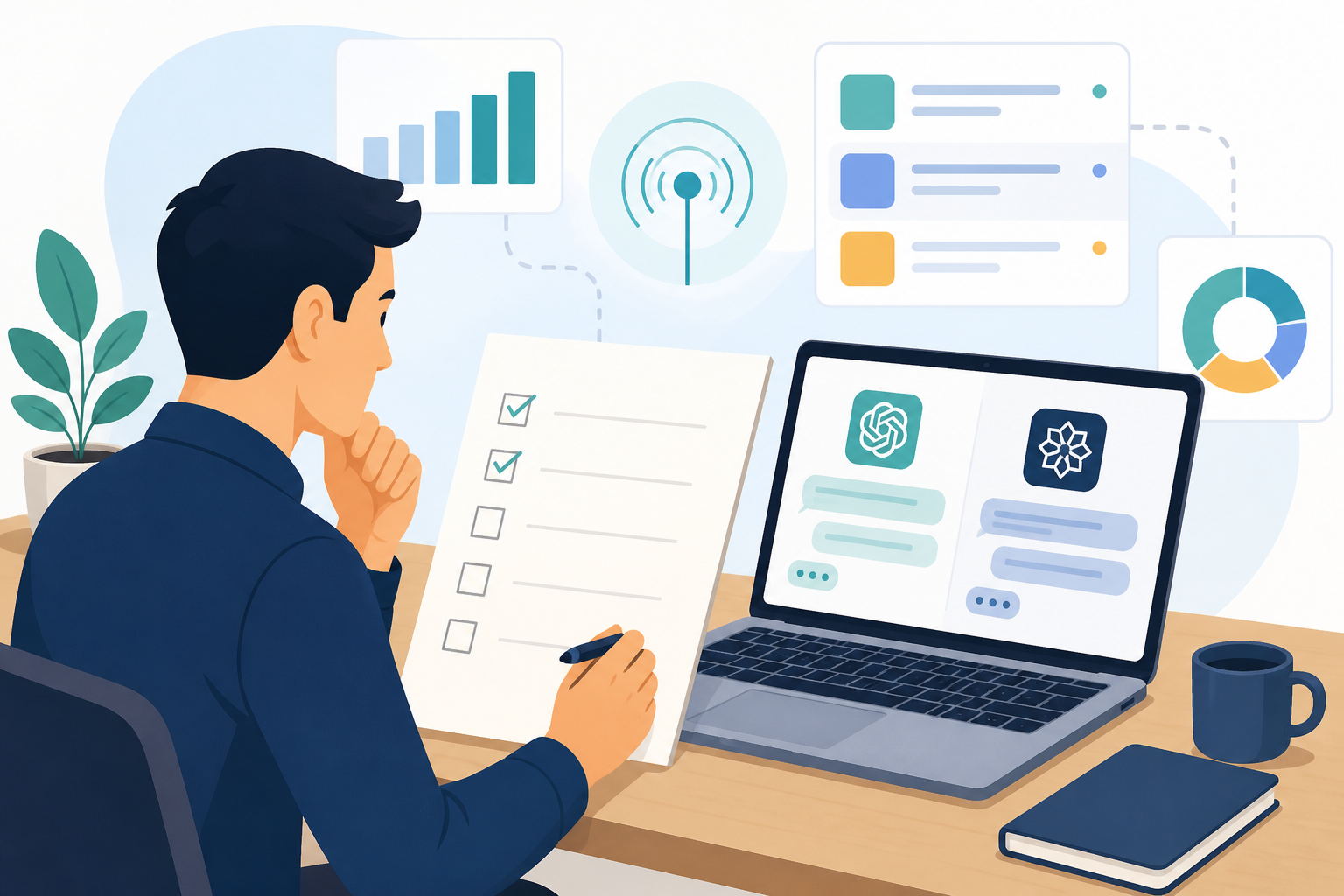 Illustration: Simple checklist illustration showing a founder ticking boxes next to a laptop with ChatGPT and Perplexity logos faded in background, clean flat design for Do You Need an AI Visibility Tool? A Founder's Decision Guide