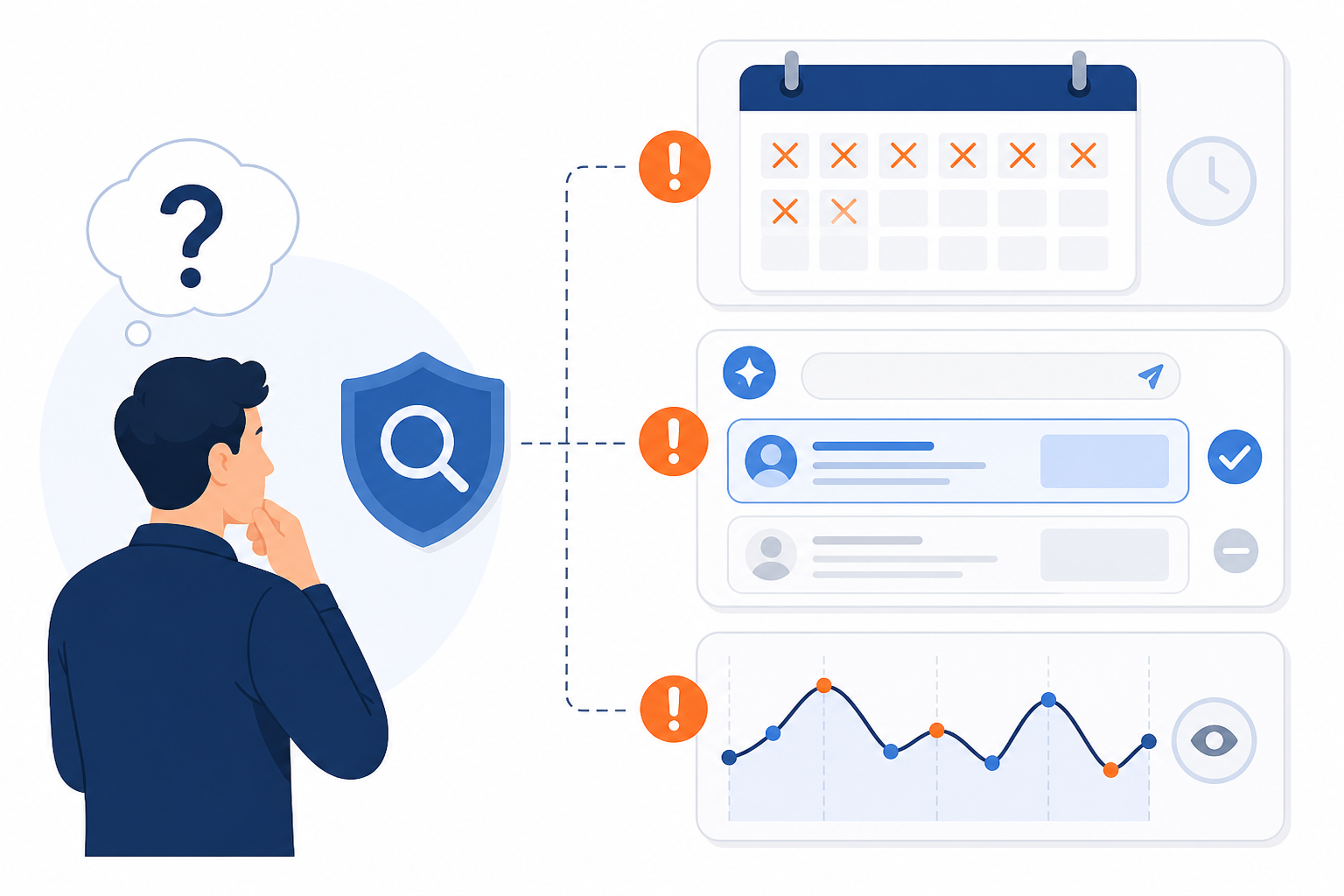 Illustration: Simple checklist illustration showing warning signs like a calendar with missed weeks crossed out and a competitor logo highlighted on a chat screen, clean flat design for Do You Need an AI Visibility Tool? A Founder's Decision Guide