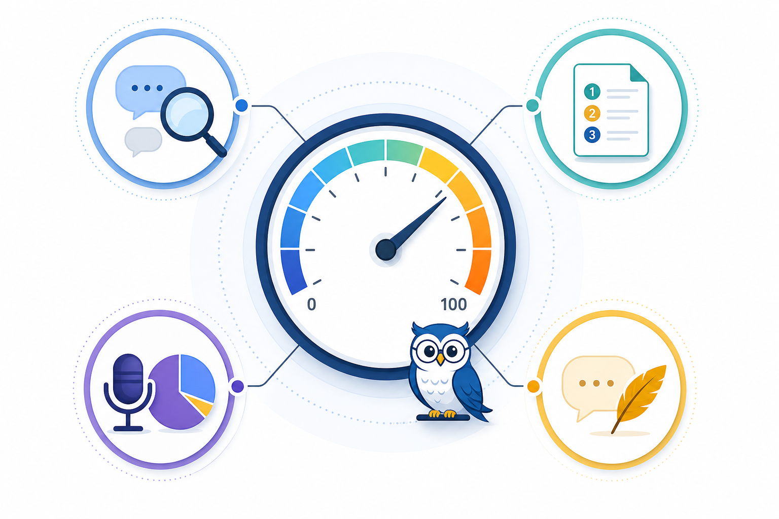 Infographic: An infographic breaking down a 0-100 AI visibility score into four labeled component circles - query coverage, position-weighted citations, share of voice, and soft mentions - clean flat design with an owl mascot subtly integrated for Does ChatGPT Recommend You or Your Local Competitor?