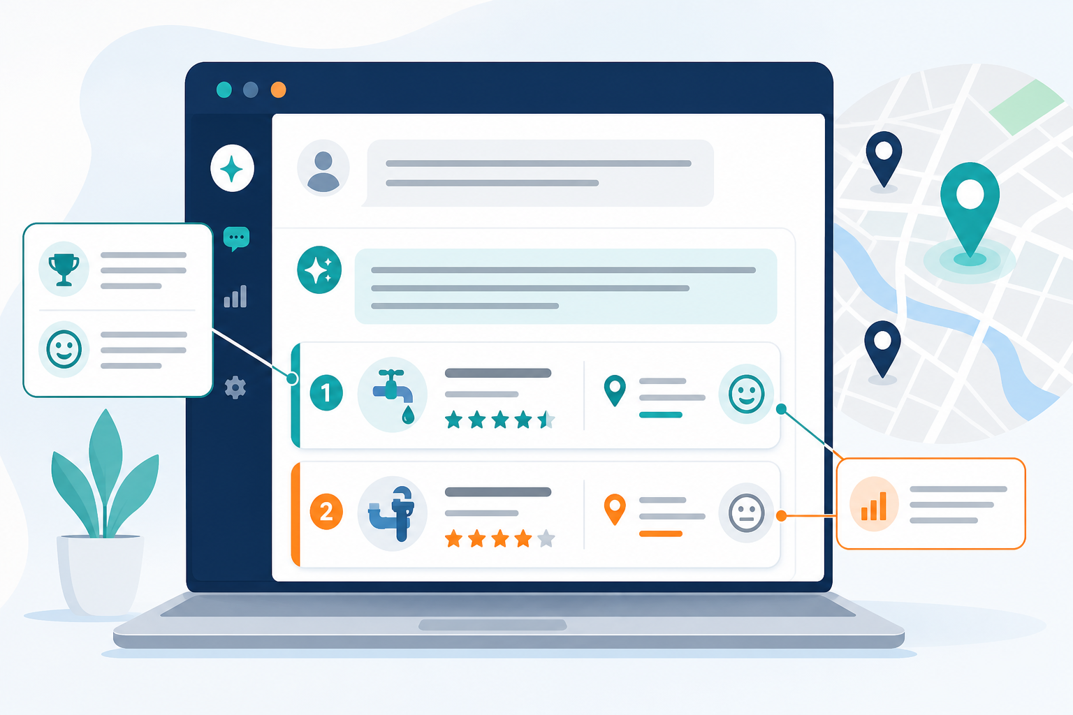 Illustration: A mock screenshot of a ChatGPT conversation window showing a user asking 'who is the best local plumber near me' with a sample AI response naming two businesses, annotated with callout boxes pointing to position and sentiment for Does ChatGPT Recommend You or Your Local Competitor?