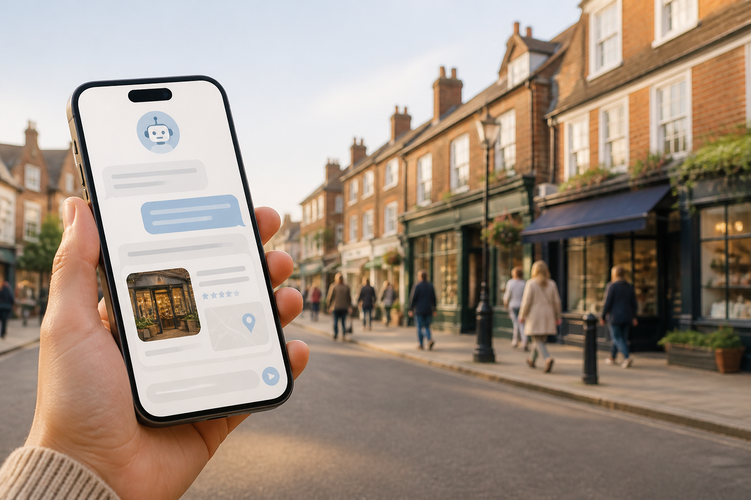 Illustration: A header image showing a smartphone displaying a ChatGPT conversation recommending a local business, with a small UK high street in the background, warm modern editorial photography style for Does ChatGPT Recommend Your Business or a Rival?