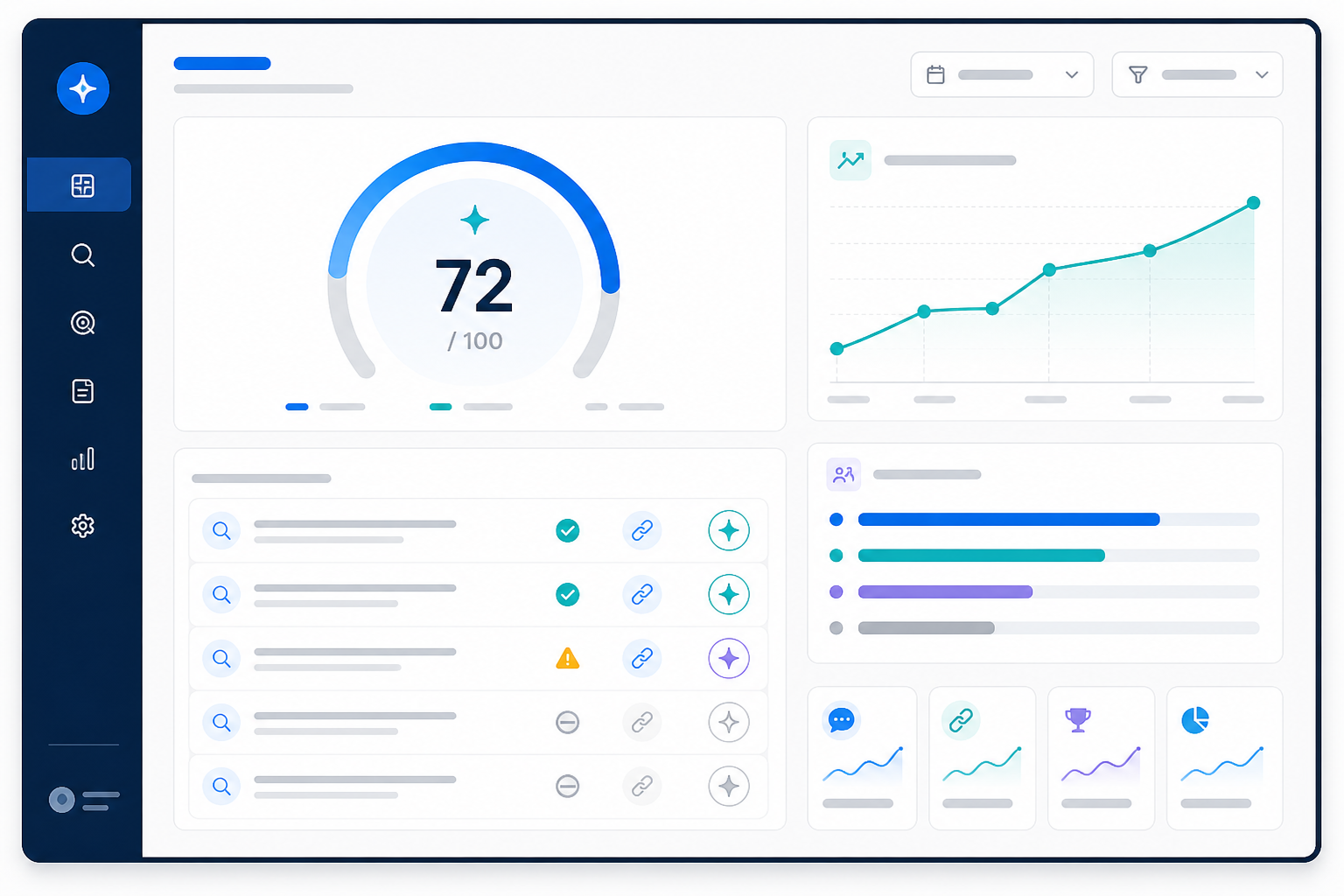 Illustration: A mockup screenshot of an AI visibility dashboard showing a 0-100 visibility score, a list of test queries with citation status icons, and a small trend line graph, in a modern SaaS product UI style for Does ChatGPT Recommend Your Business or a Rival?