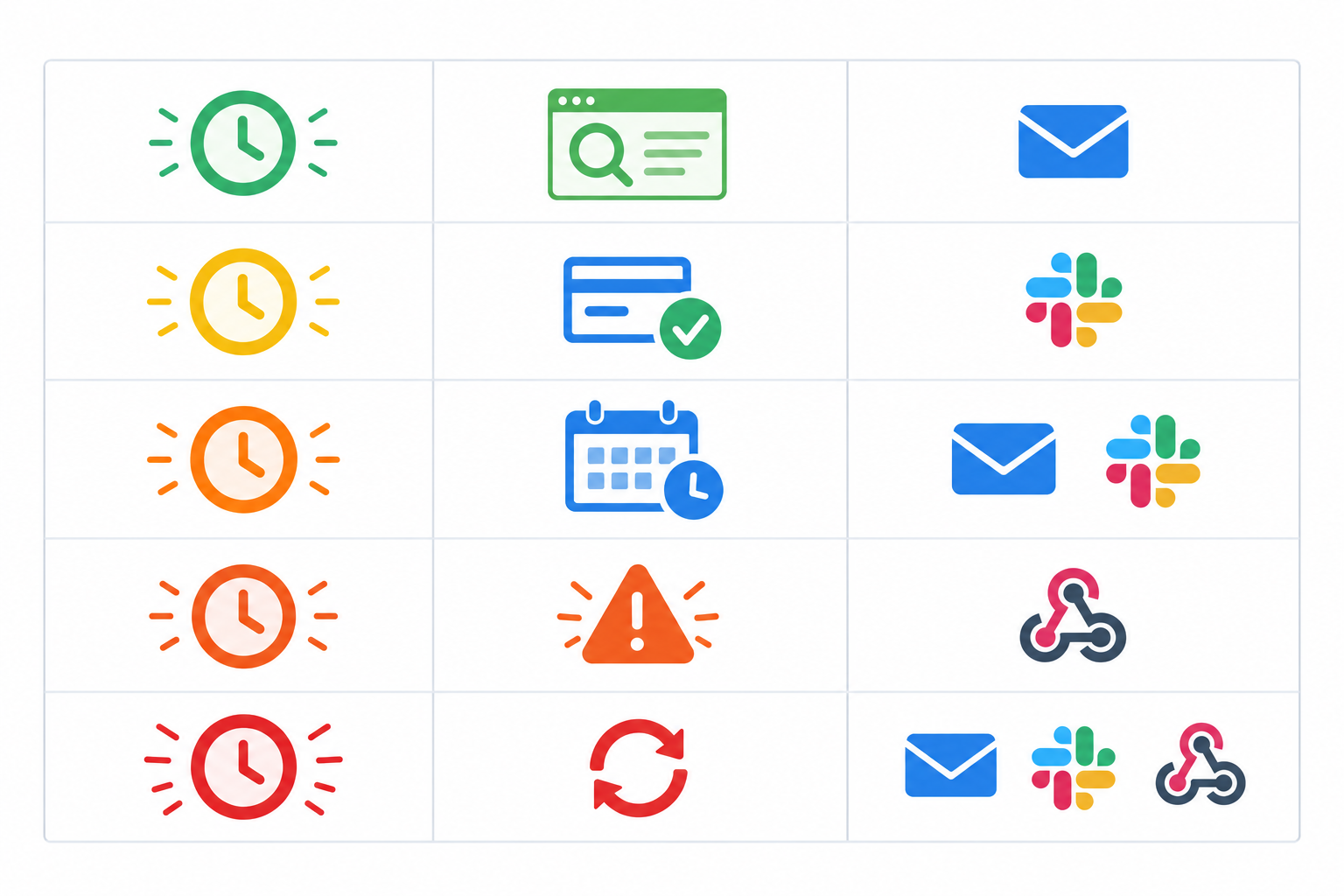 Comparison: Comparison table graphic with five rows for 60, 30, 14, 7 and 1 day alerts, showing the recommended action and notification channel (email, Slack, webhook) for each, using an escalating colour scale from green to red for Domain Expiration Monitoring: How to Avoid Losing Your Domain