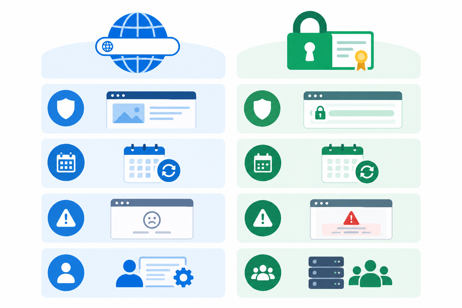 Comparison: Side-by-side comparison table of domain expiration versus SSL certificate expiration covering what it protects, typical renewal cycle, failure symptoms and who usually owns it, with simple icons for Domain Expiration Monitoring: How to Avoid Losing Your Domain