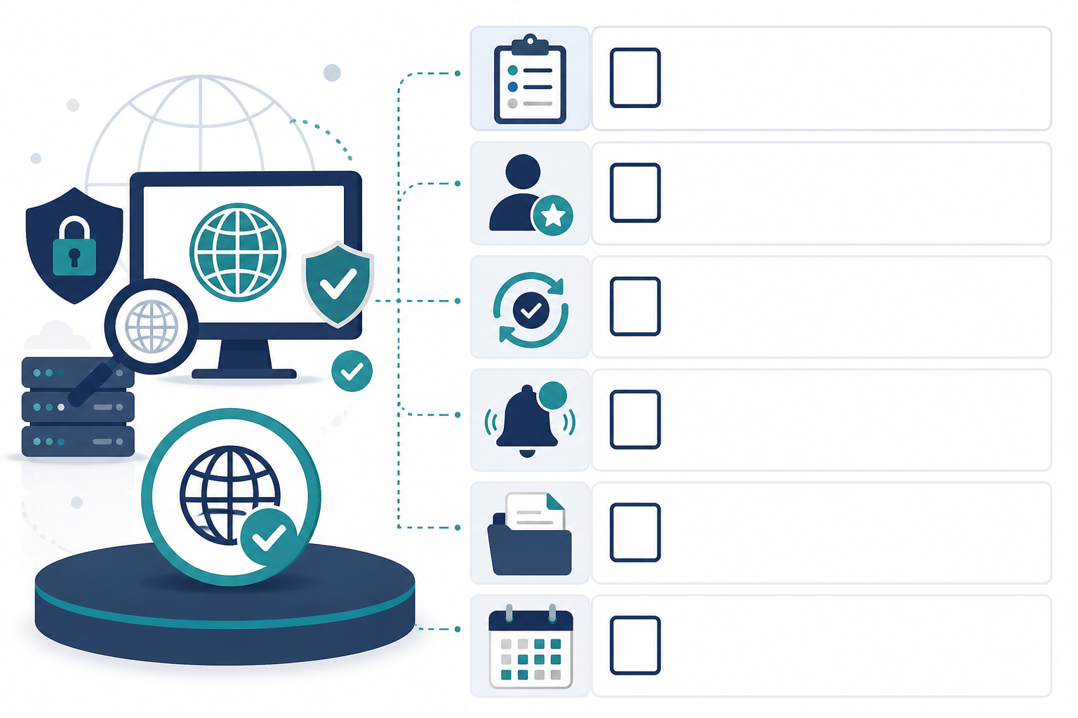Illustration: A clean checklist-style graphic with checkboxes for domain inventory, owner assignment, auto-renew confirmation, monitoring setup, documentation, and quarterly review for Domain Expiration Monitoring: Why Renewals Slip Through the Cracks