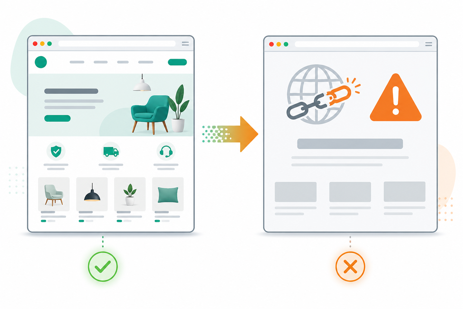 Diagram: A simple before-and-after diagram showing a normal website homepage on one side and a generic 'domain expired / for sale' parking page on the other, illustrating the sudden visual impact on customers for Domain Expiration Monitoring: Why Renewals Slip Through the Cracks