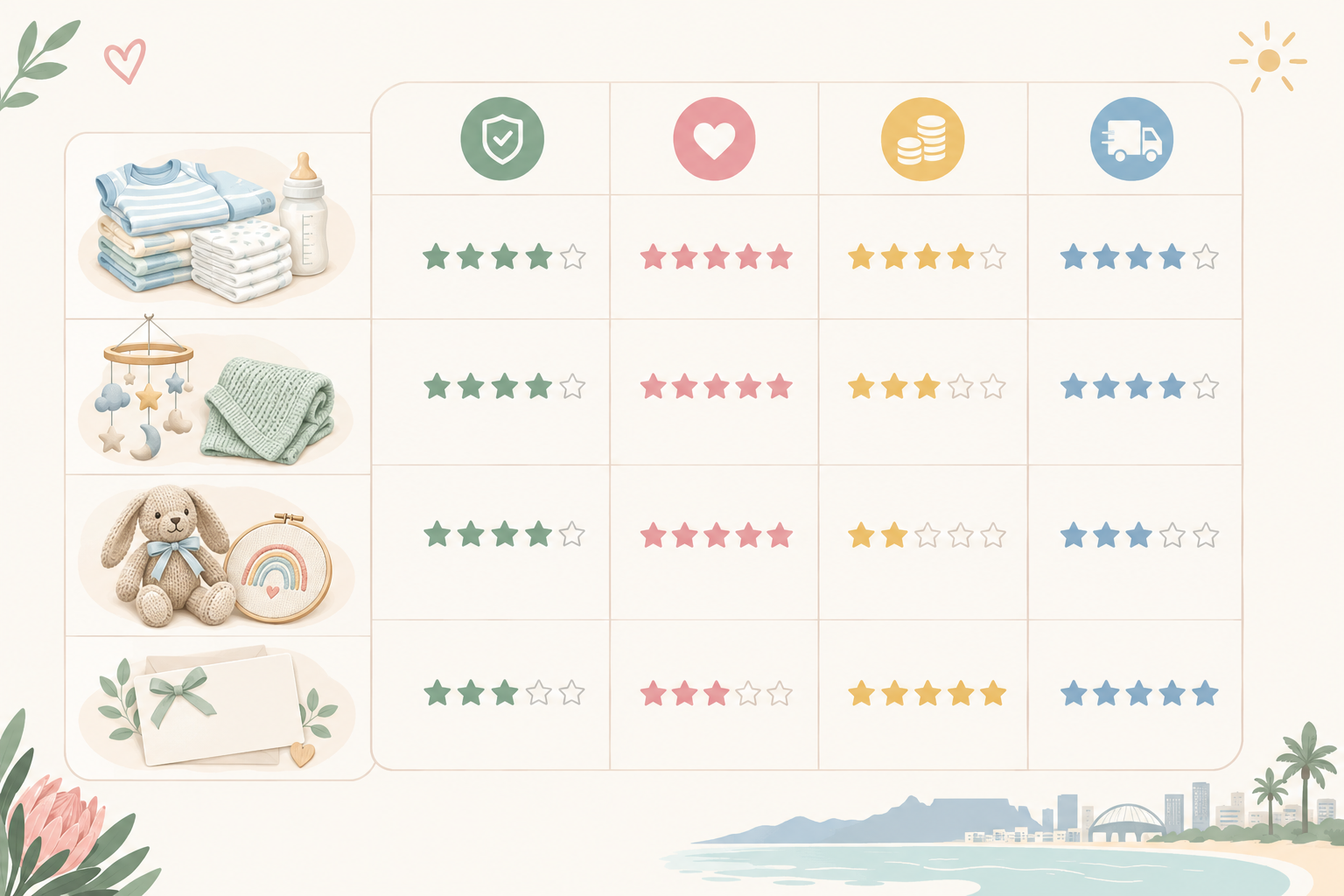 Comparison: Simple, friendly comparison table graphic with four gift categories (newborn essentials, nursery pieces, handmade keepsakes, vouchers) rated on practicality, personal feel, budget and ease of shipping, pastel palette with small icons for Durban Baby Store Guide: Where Local Parents Shop Smart