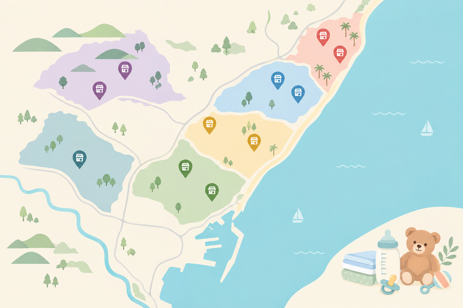 Infographic: Clean illustrated map-style infographic of the greater Durban area highlighting suburbs such as Umhlanga, Durban North, Morningside, Berea, Westville and Hillcrest with simple store pin icons and soft pastel colours, no real brand logos for Durban Baby Store Guide: Where Local Parents Shop Smart