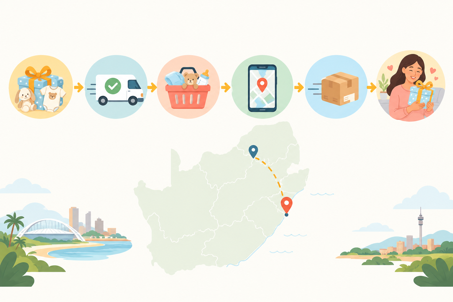Diagram: Step-by-step flow diagram showing a gift travelling from a Durban store to a parent in another city: choose gift, check delivery, order, track, arrive, with simple icons and a South African map outline for Durban Baby Store Guide: Where Local Parents Shop Smart